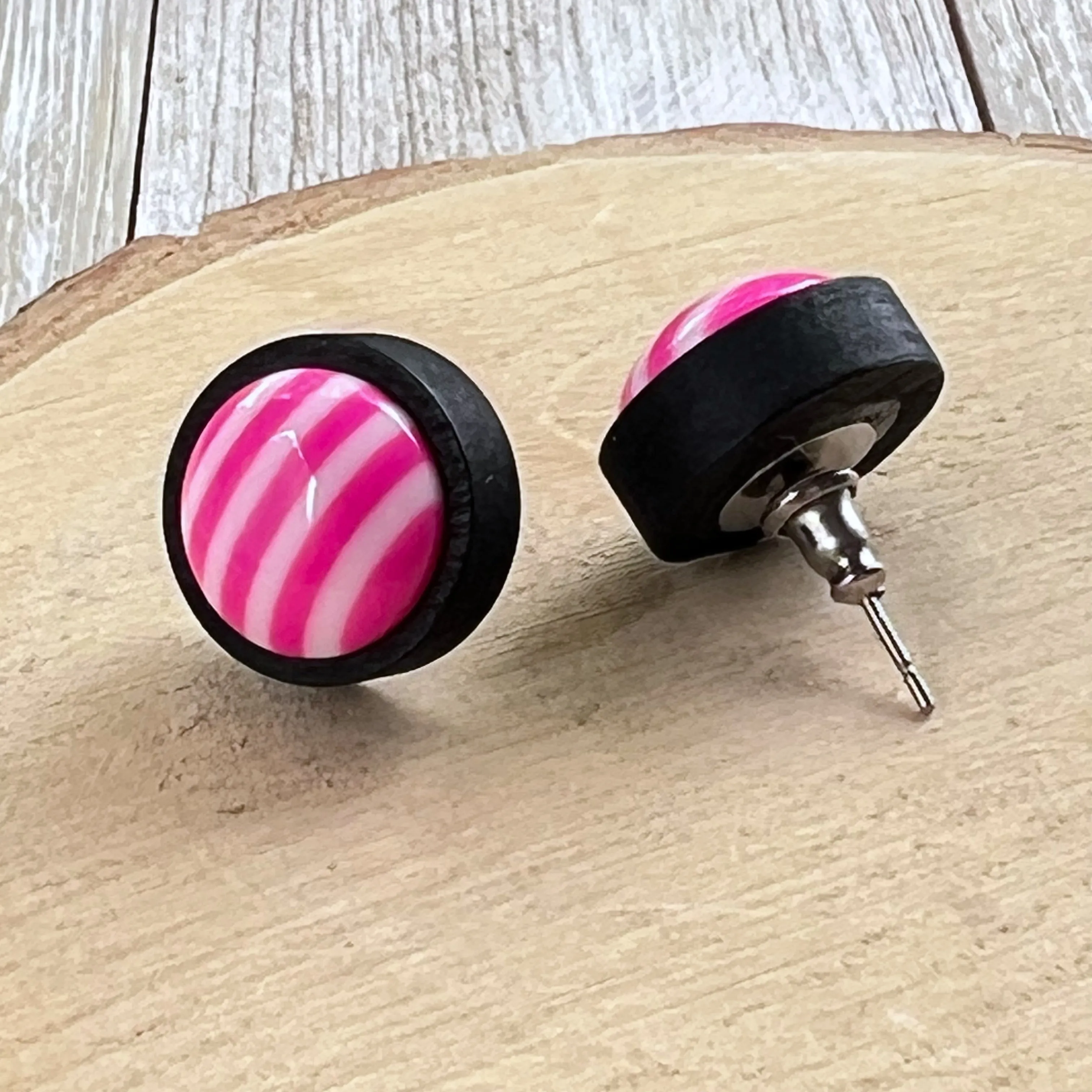 Pink & White Striped Black Wood Stud Earrings - Chic & Playful Accessories