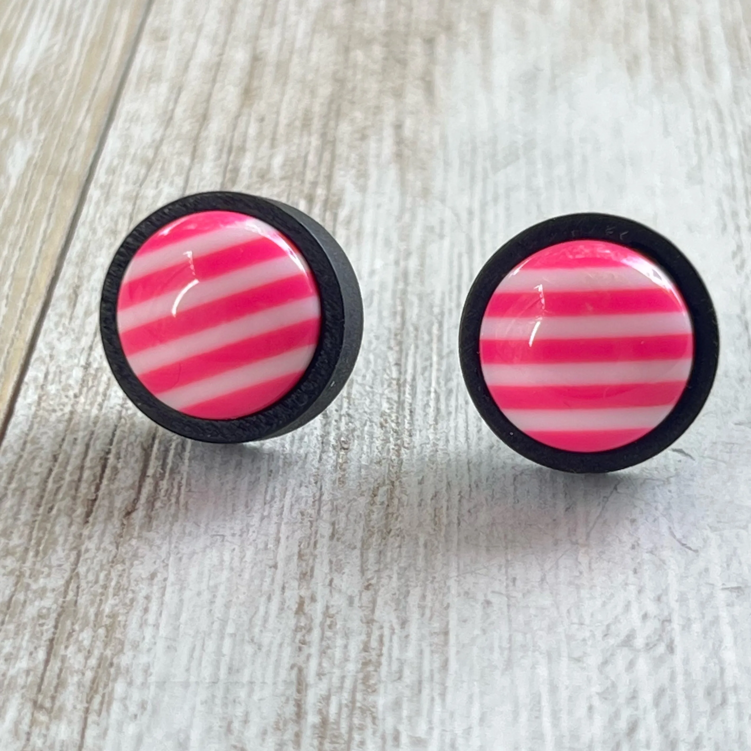 Pink & White Striped Black Wood Stud Earrings - Chic & Playful Accessories