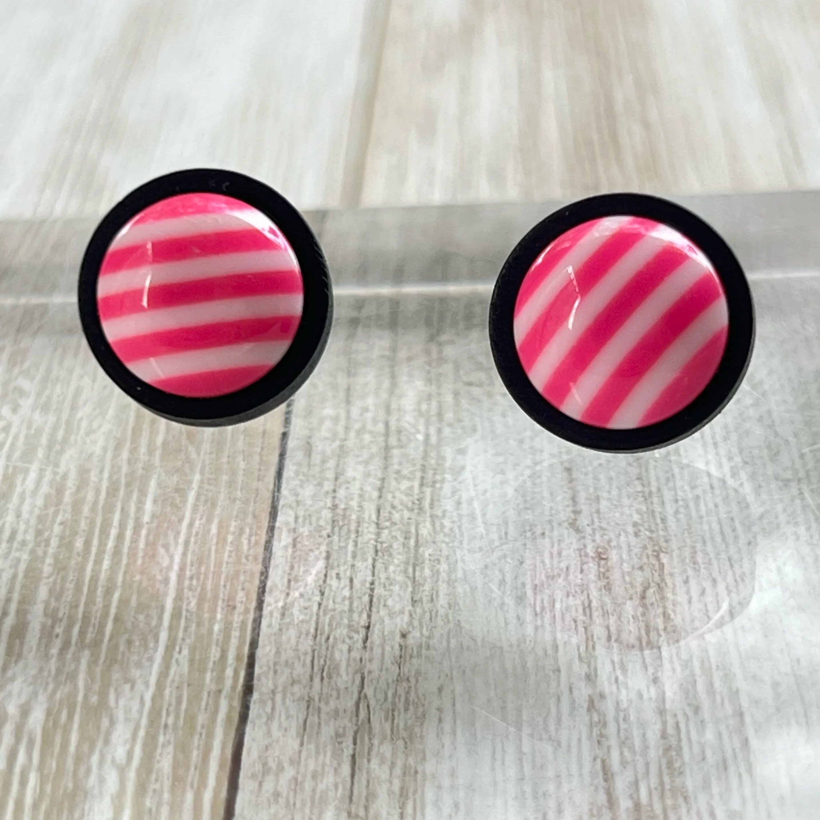 Pink & White Striped Black Wood Stud Earrings - Chic & Playful Accessories