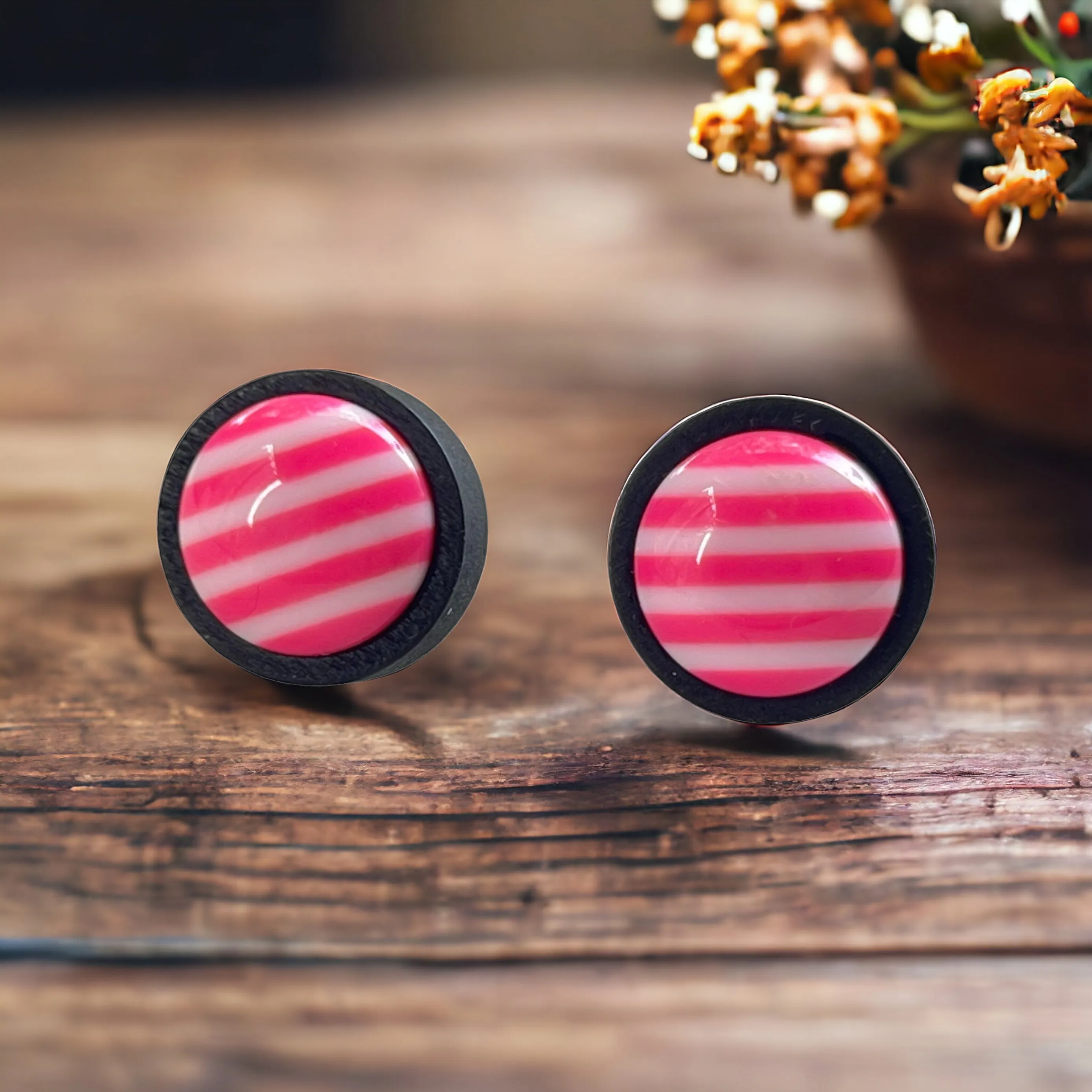 Pink & White Striped Black Wood Stud Earrings - Chic & Playful Accessories