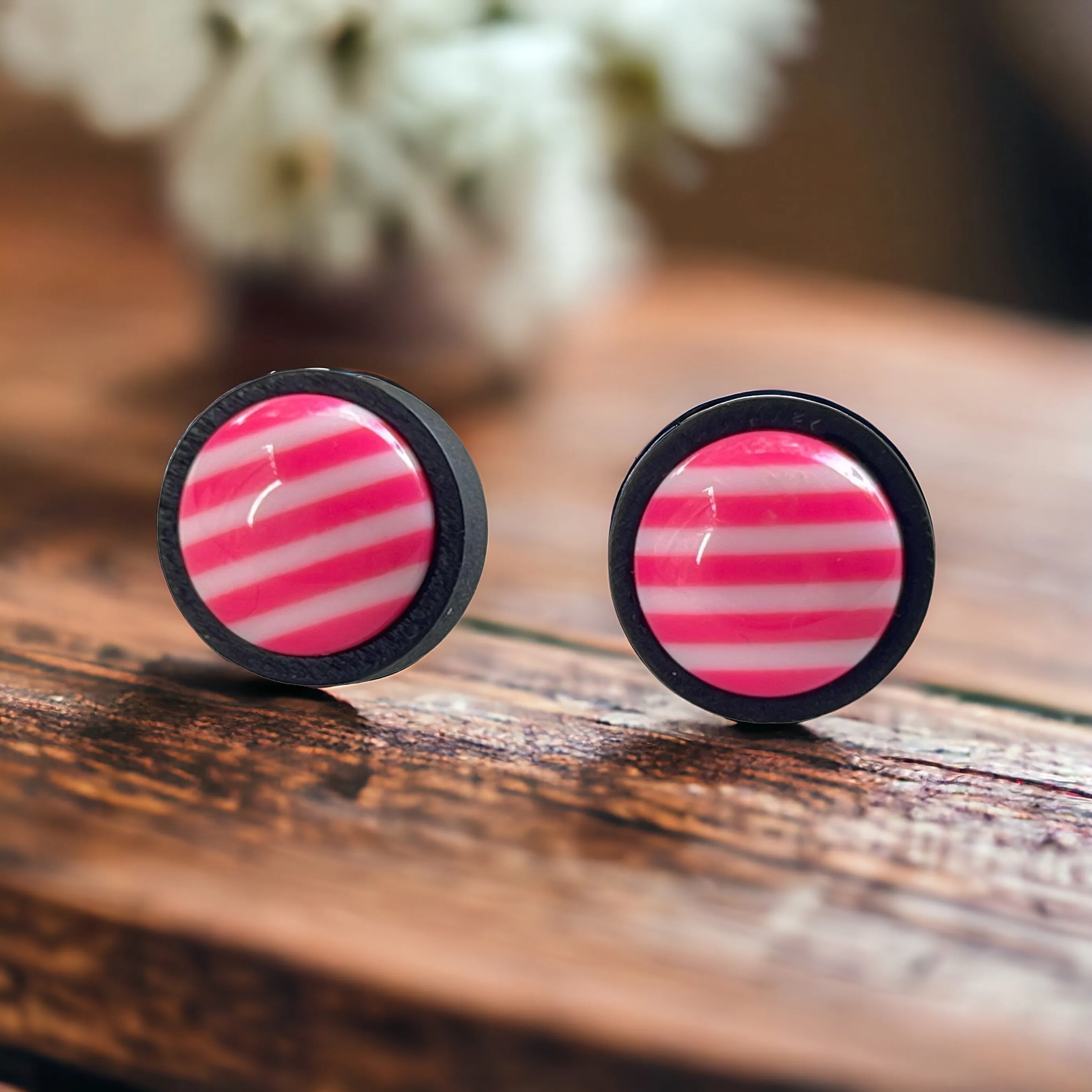 Pink & White Striped Black Wood Stud Earrings - Chic & Playful Accessories