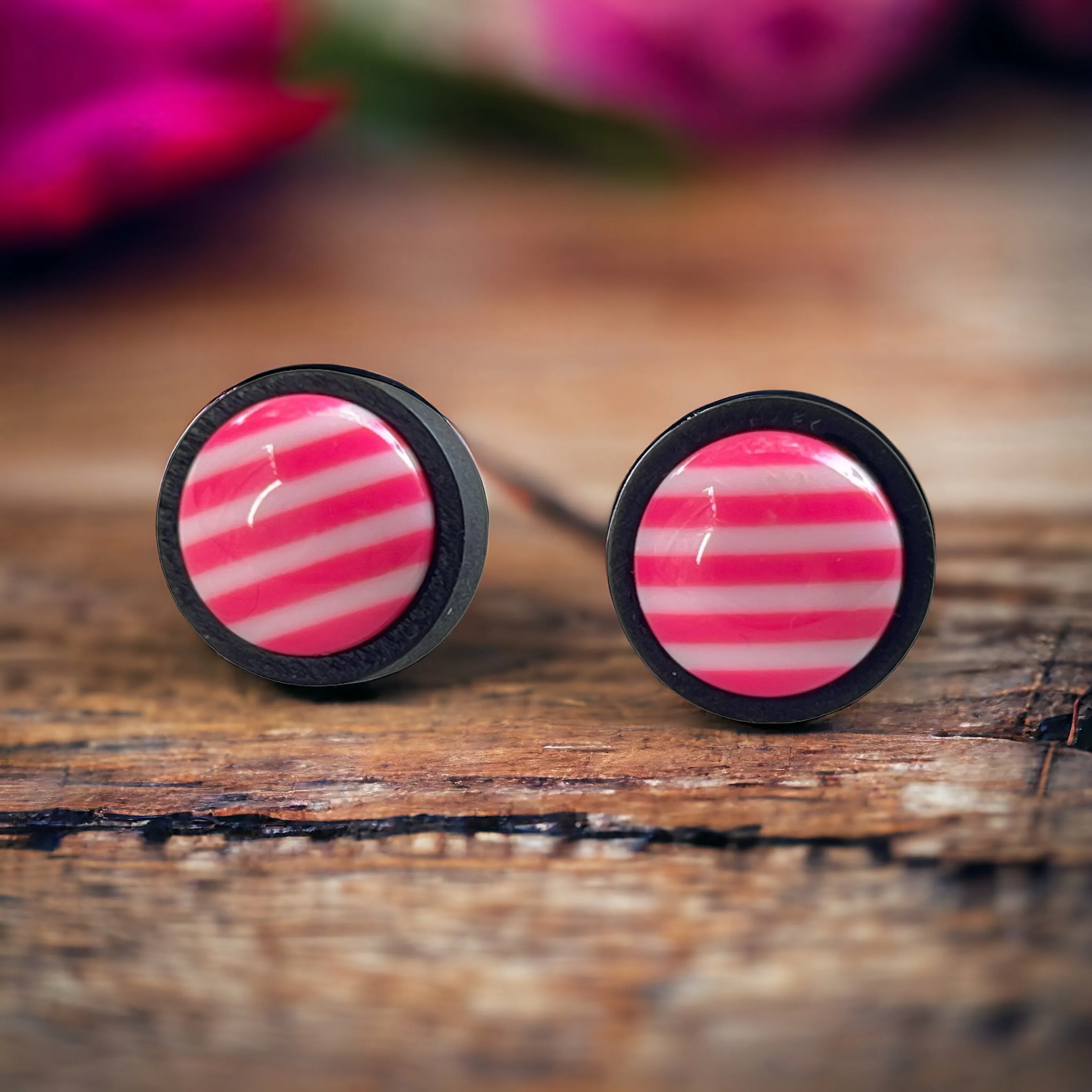 Pink & White Striped Black Wood Stud Earrings - Chic & Playful Accessories