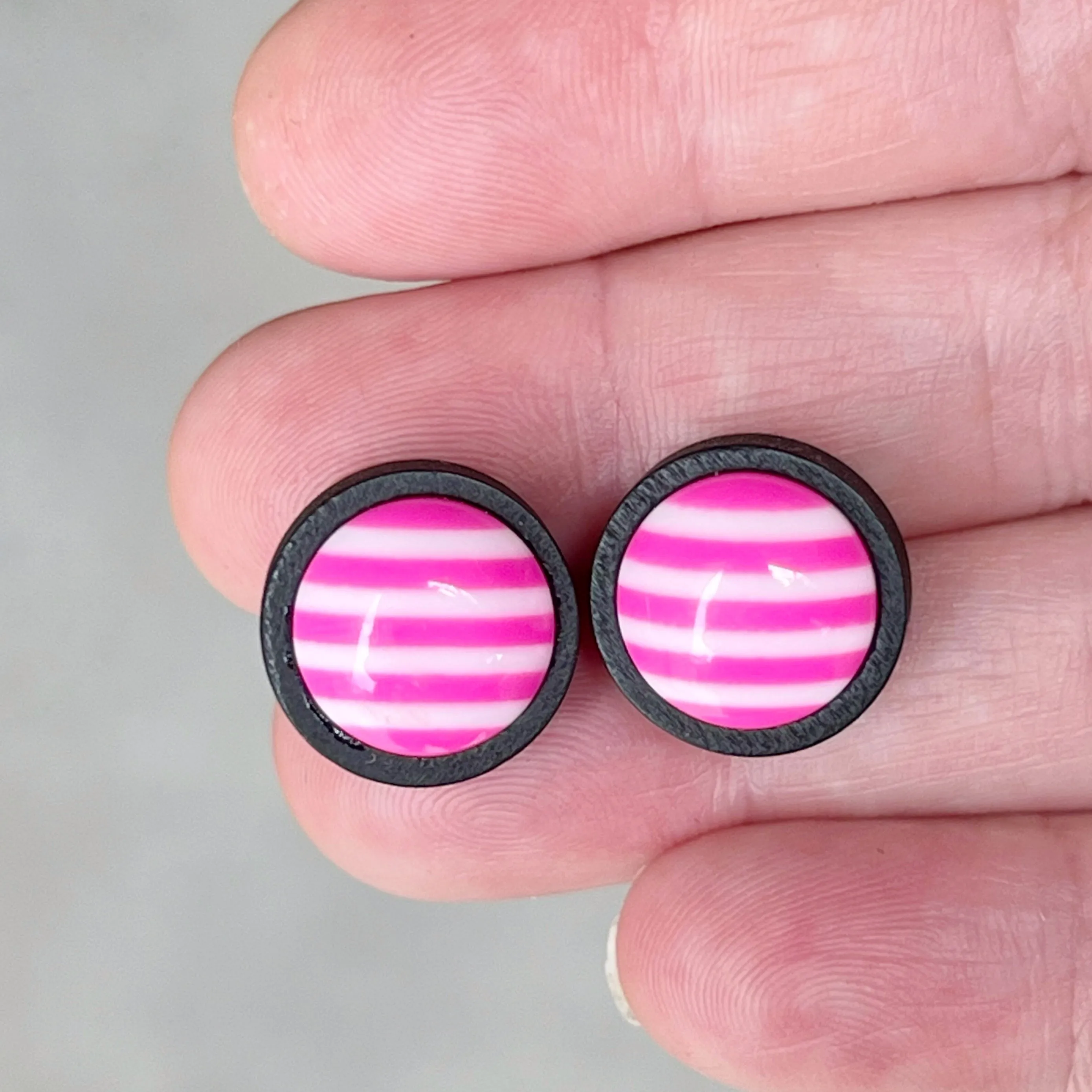 Pink & White Striped Black Wood Stud Earrings - Chic & Playful Accessories