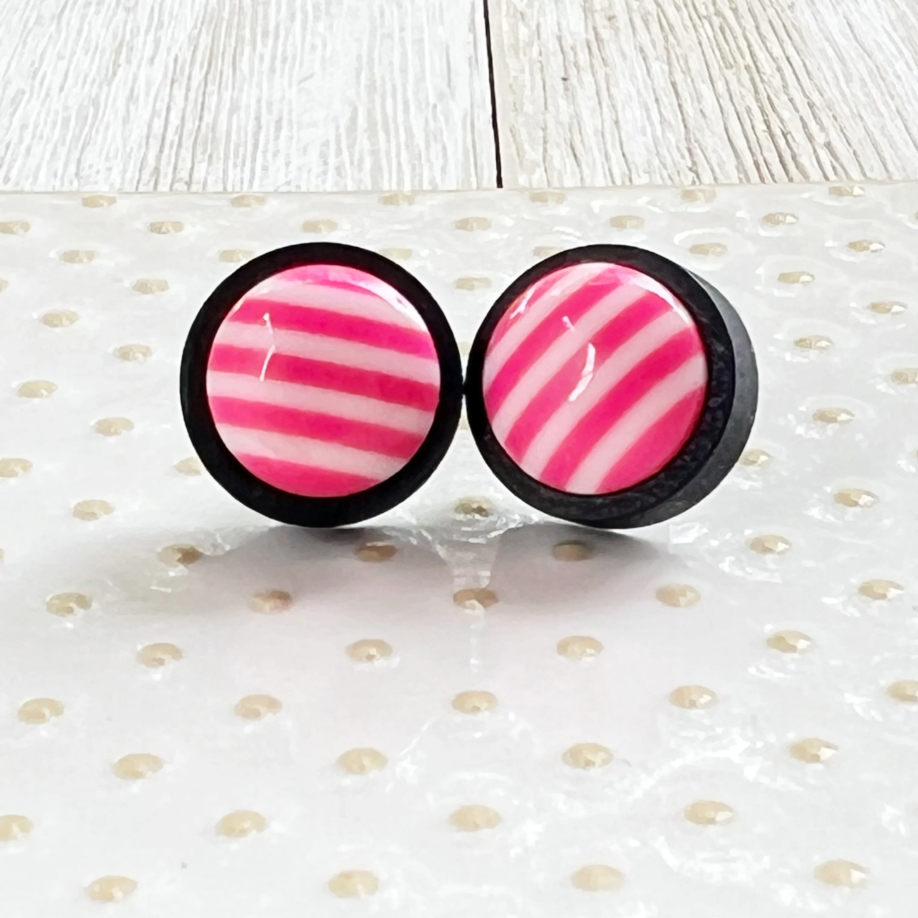 Pink & White Striped Black Wood Stud Earrings - Chic & Playful Accessories