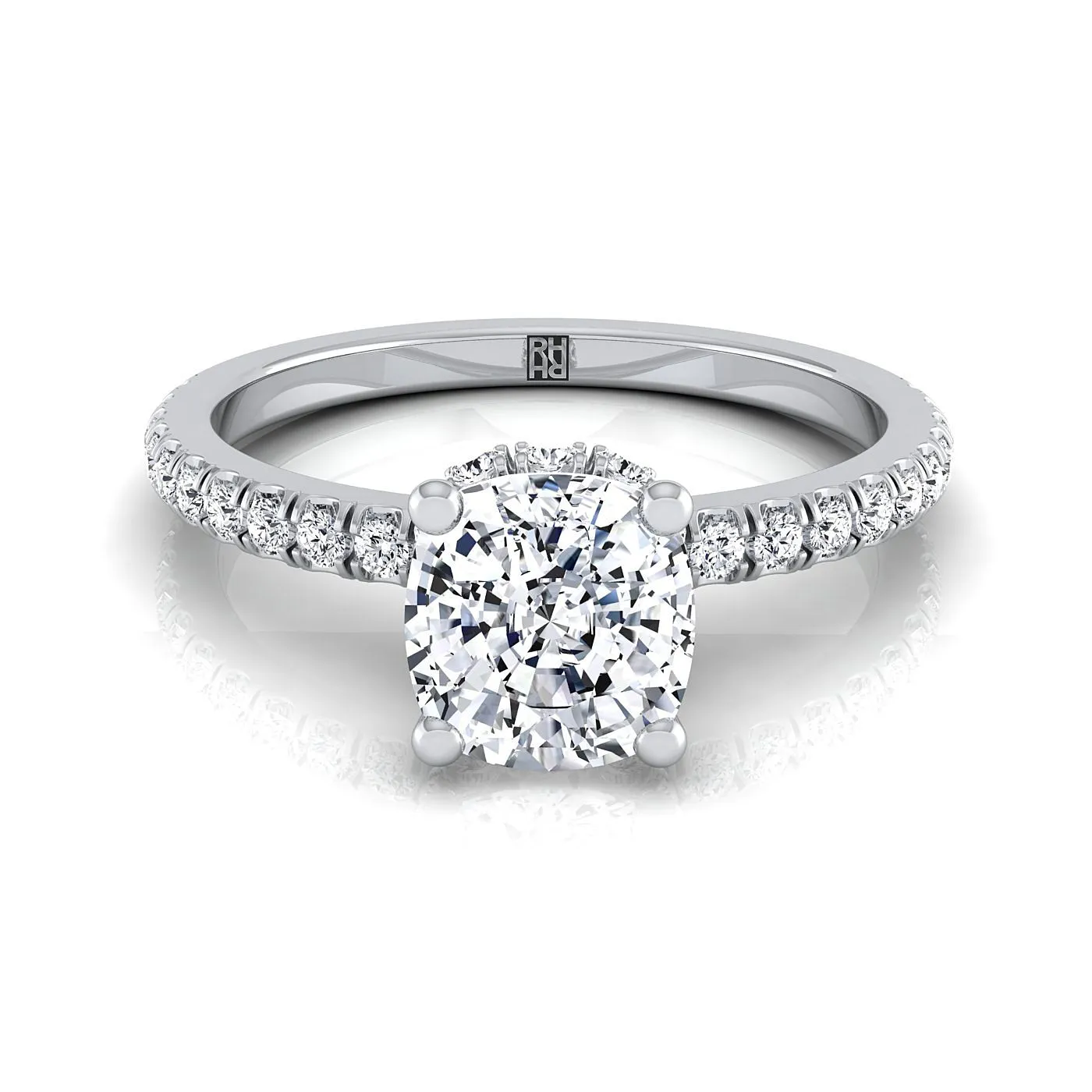 Platinum Cushion Diamond Secret Diamond Halo French Pave Solitaire Engagement Ring -1/3ctw