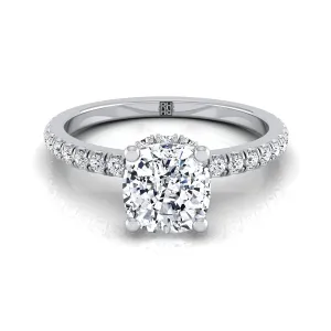 Platinum Cushion Diamond Secret Diamond Halo French Pave Solitaire Engagement Ring -1/3ctw