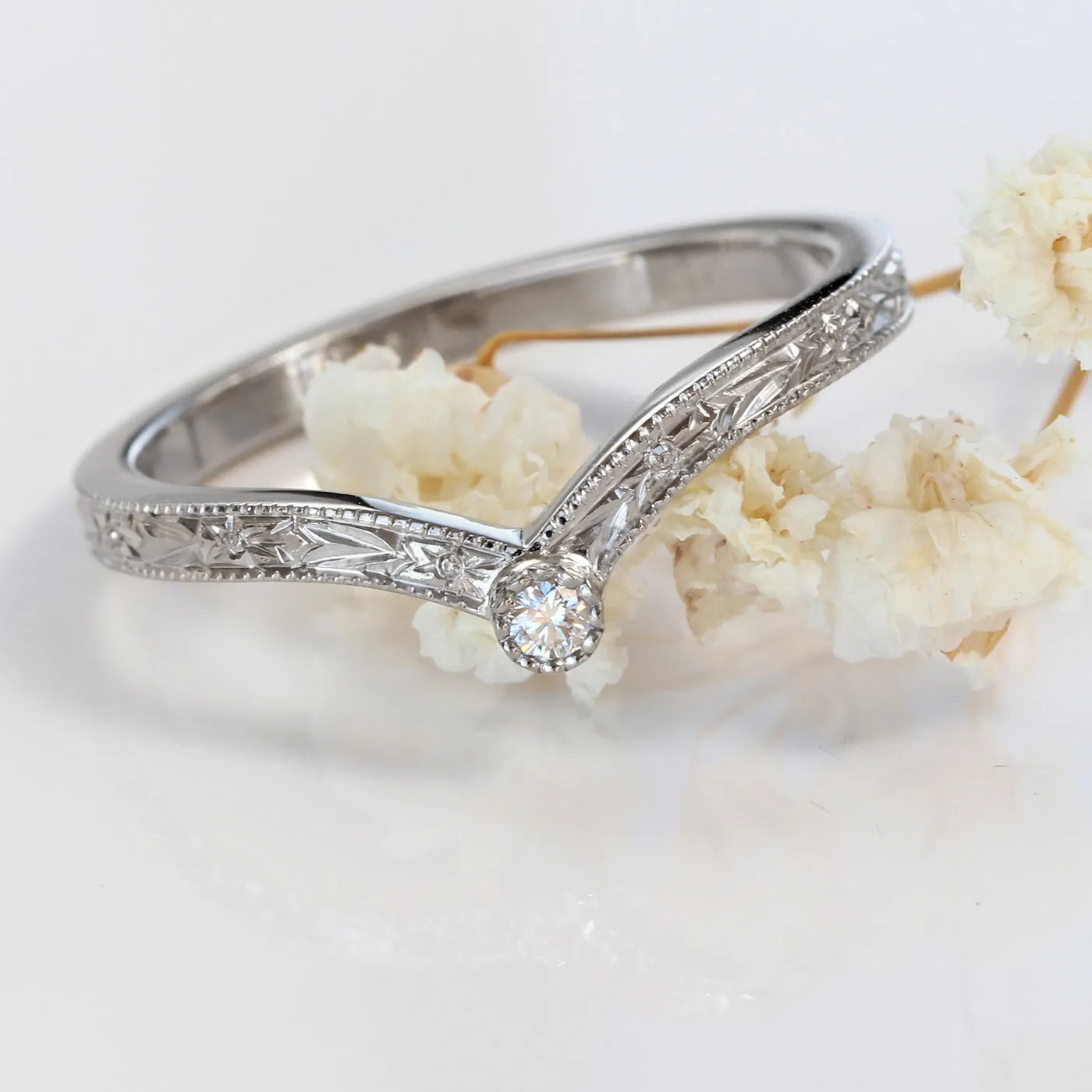 Platinum Diamond Solitaire Wishbone Ring with Orange Blossom Engraving