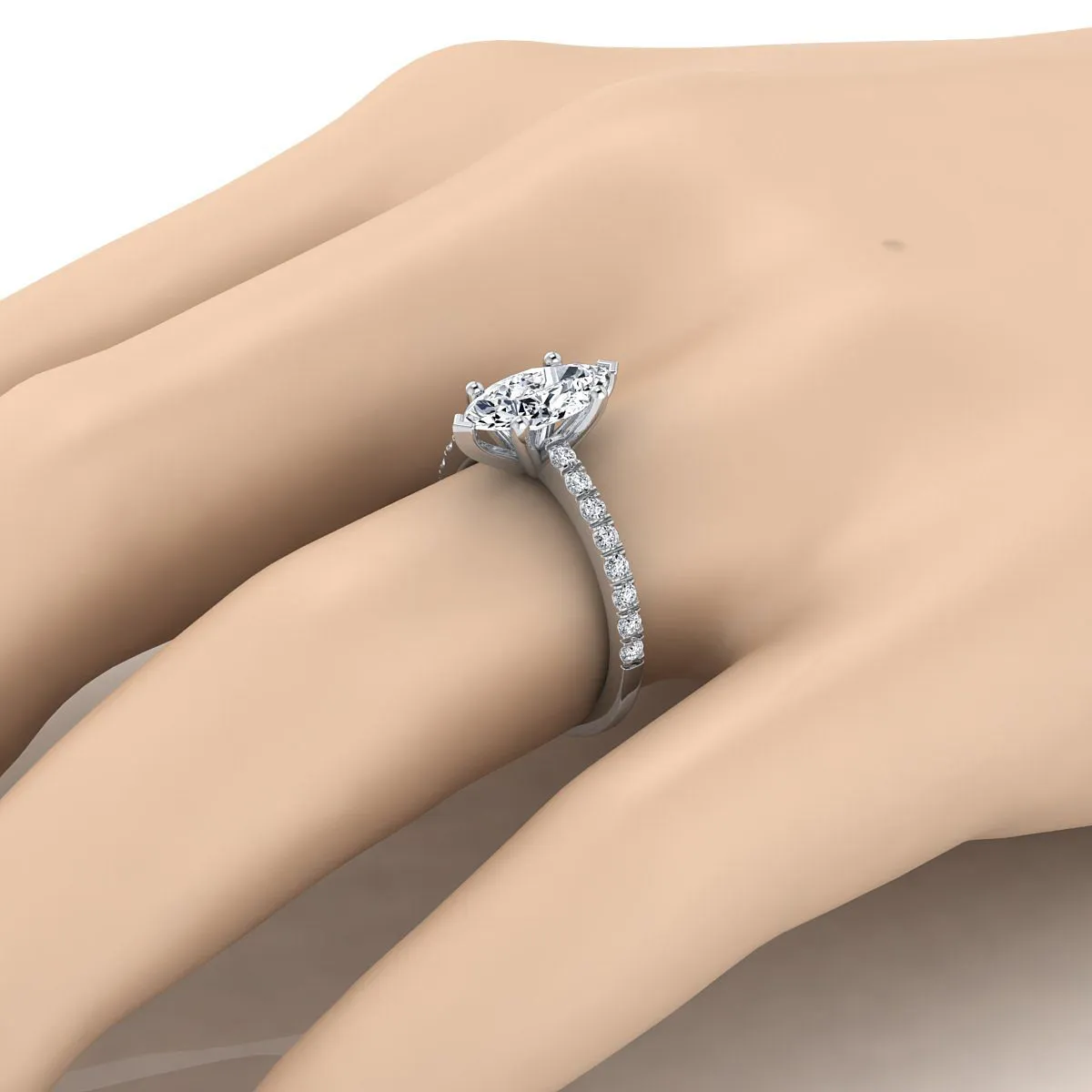 Platinum Marquise  Simple Linear Diamond Pave Engagement Ring -1/5ctw