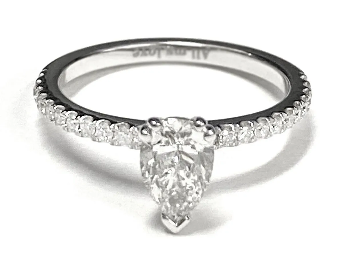 Platinum Pear Shape Center Diamond Simple French Pave Double Claw Prong Engagement Ring -1/6ctw