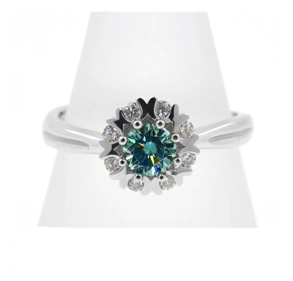 Platinum Plated Silver Halo Moissanite Ring Green 0.45ct Stone