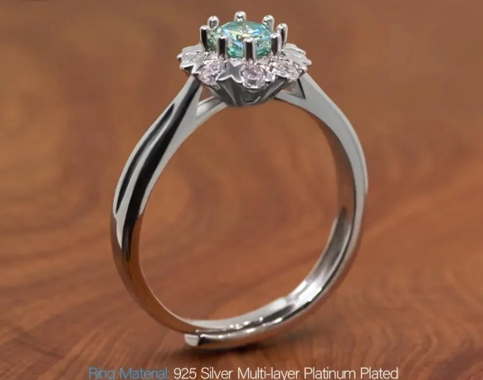 Platinum Plated Silver Halo Moissanite Ring Green 0.45ct Stone