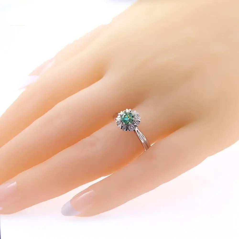 Platinum Plated Silver Halo Moissanite Ring Green 0.45ct Stone