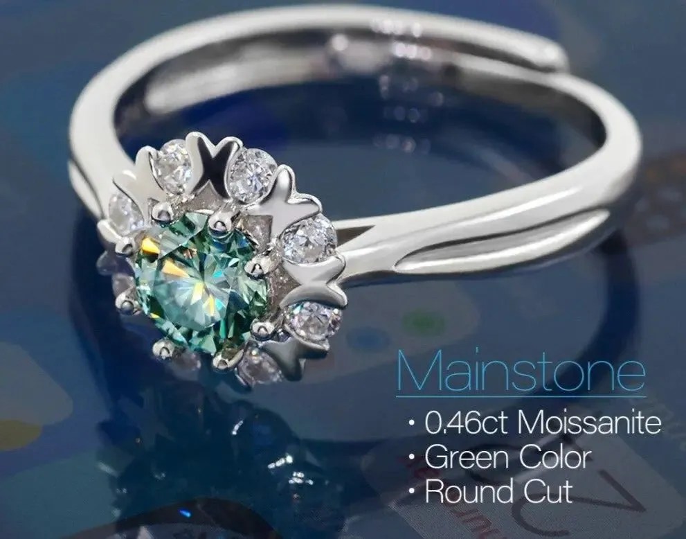Platinum Plated Silver Halo Moissanite Ring Green 0.45ct Stone