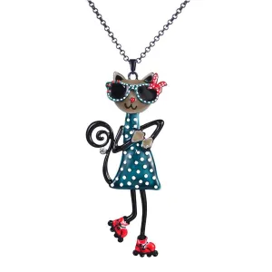 Playful Cat Enamel Pendant Necklace For Kids
