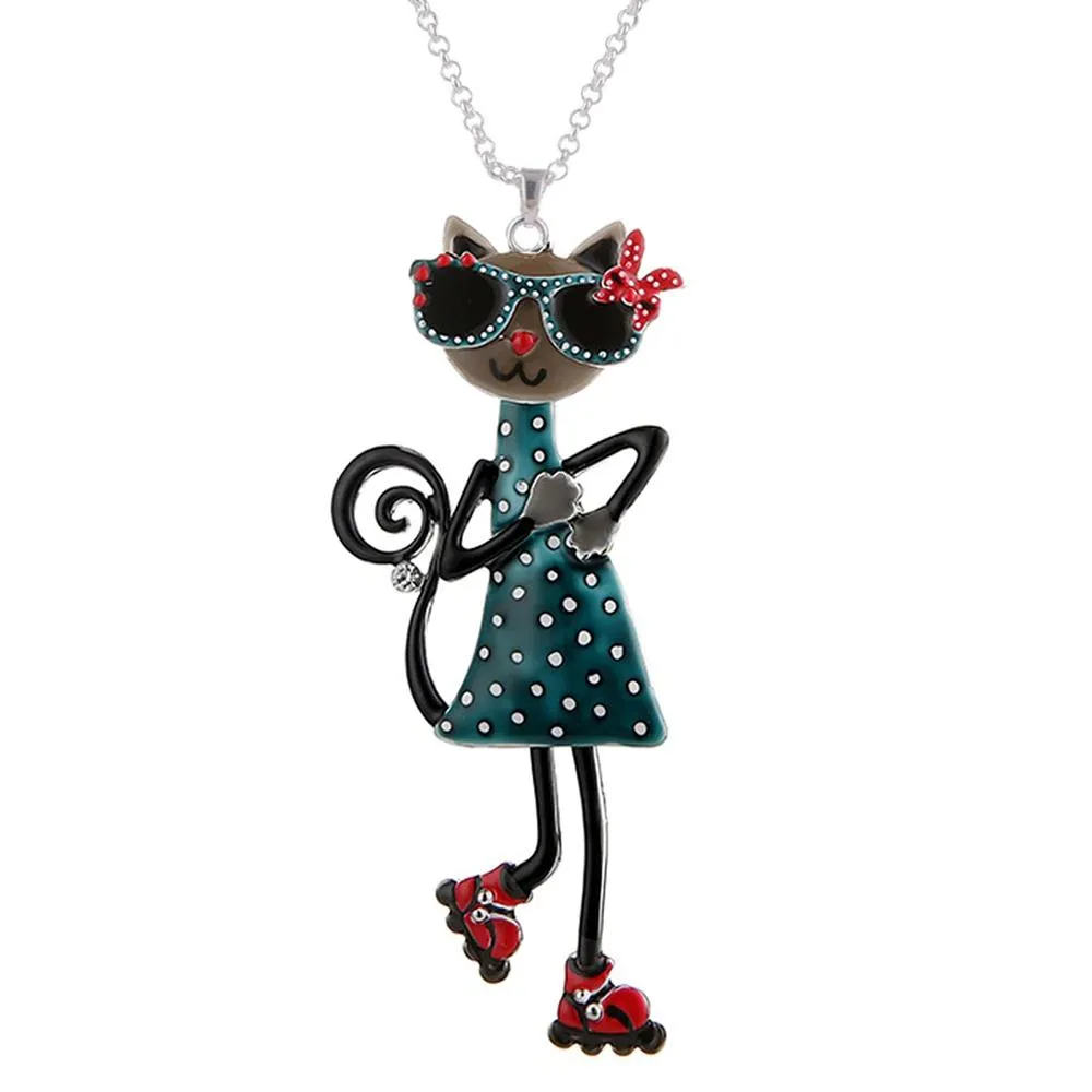 Playful Cat Enamel Pendant Necklace For Kids