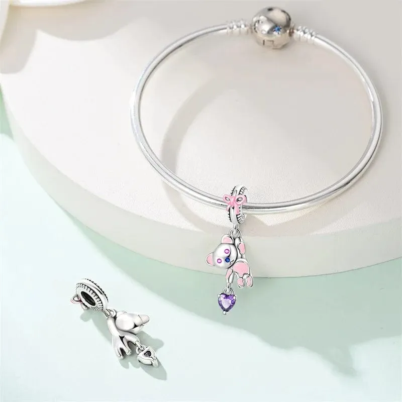 Playful Hanging Teddy Bear & Amethyst Heart Charm