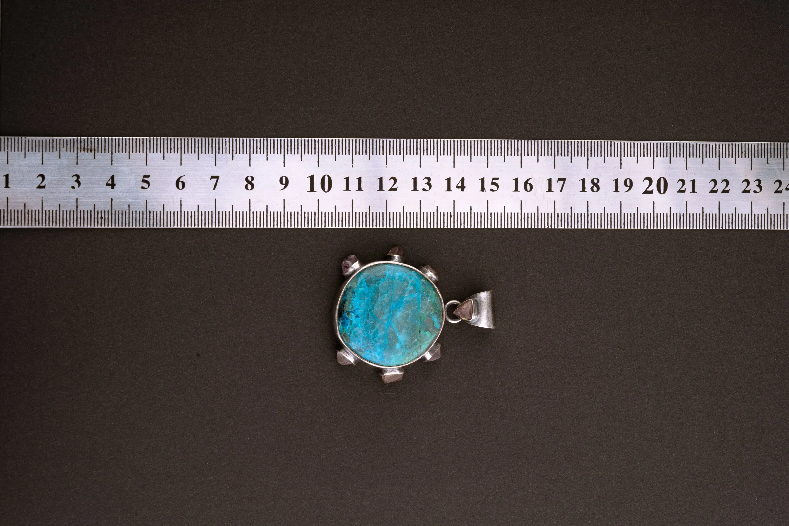 Rare Gem Silica Chrysocolla & 7 Australian raw Amethyst Chunks - Crystal Pendant - 925 Sterling Silver - Oxidised, Brush Textured