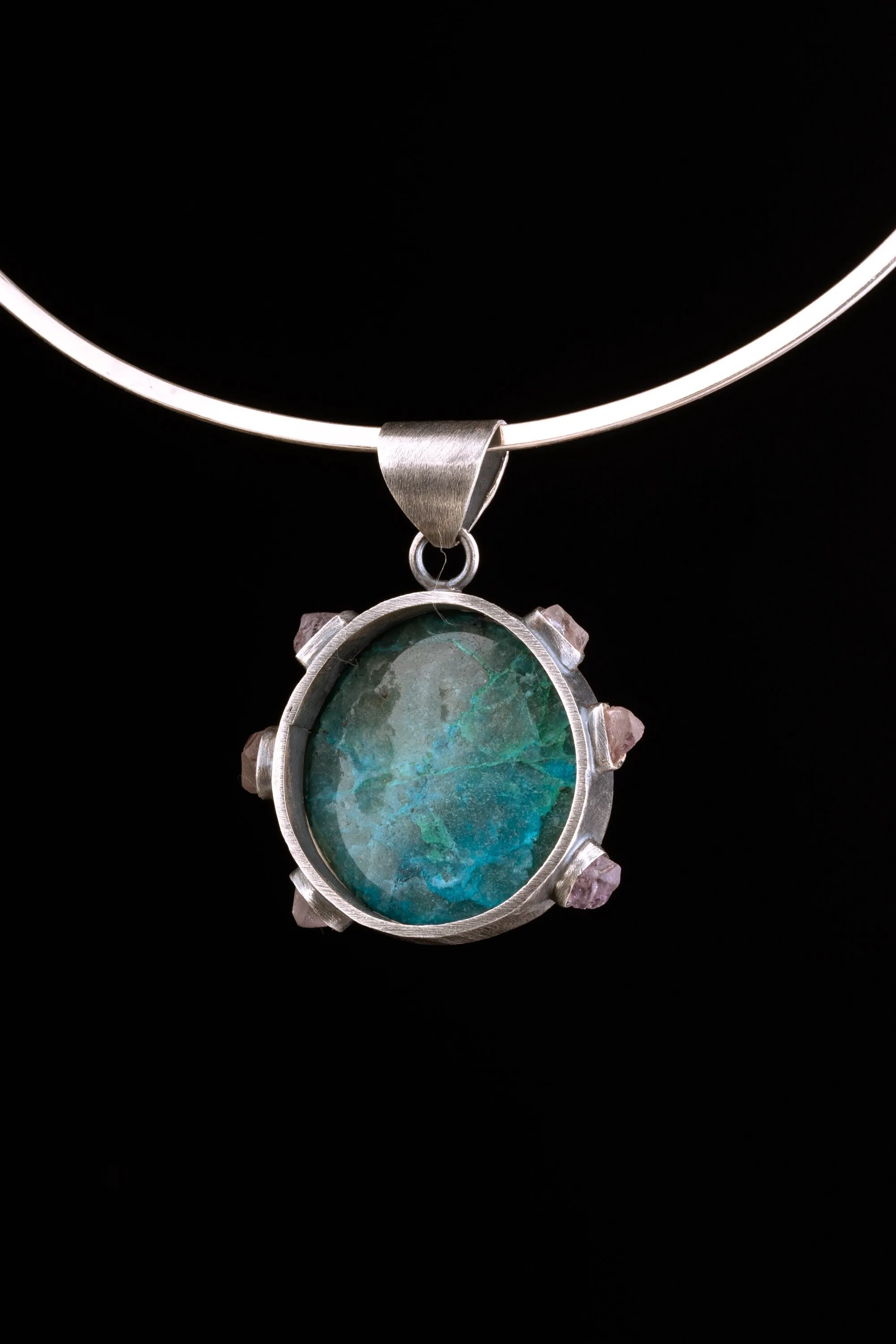 Rare Gem Silica Chrysocolla & 7 Australian raw Amethyst Chunks - Crystal Pendant - 925 Sterling Silver - Oxidised, Brush Textured