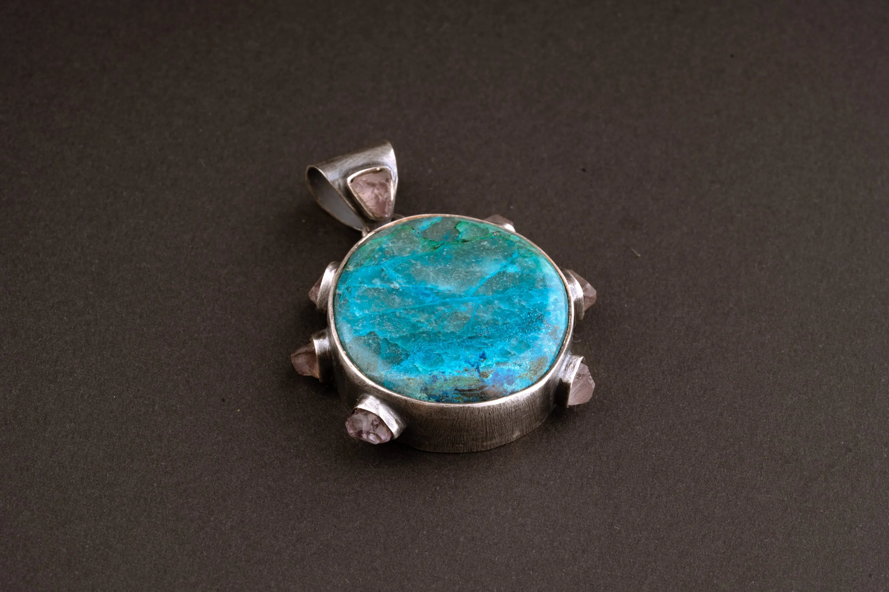 Rare Gem Silica Chrysocolla & 7 Australian raw Amethyst Chunks - Crystal Pendant - 925 Sterling Silver - Oxidised, Brush Textured