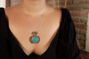 Rare Gem Silica Chrysocolla & 7 Australian raw Amethyst Chunks - Crystal Pendant - 925 Sterling Silver - Oxidised, Brush Textured