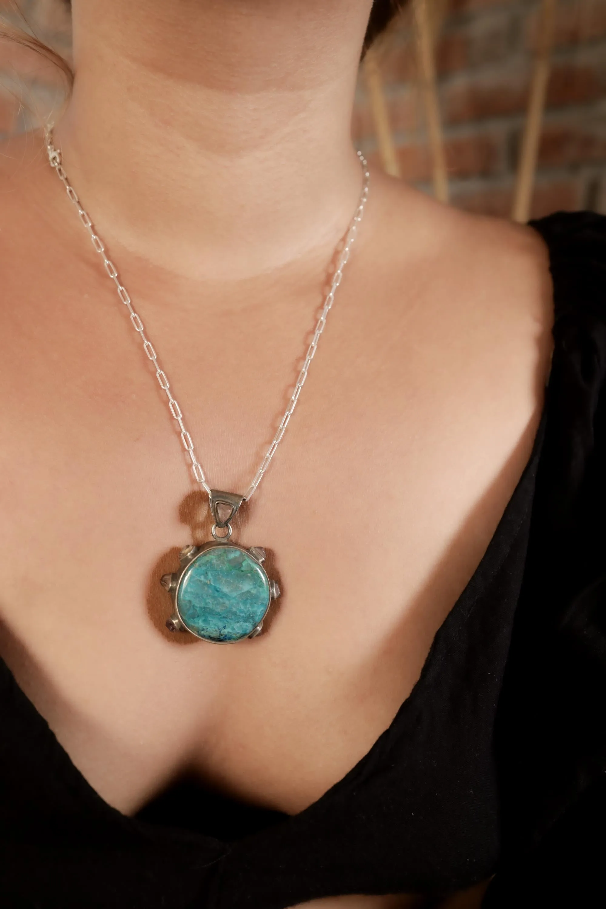 Rare Gem Silica Chrysocolla & 7 Australian raw Amethyst Chunks - Crystal Pendant - 925 Sterling Silver - Oxidised, Brush Textured