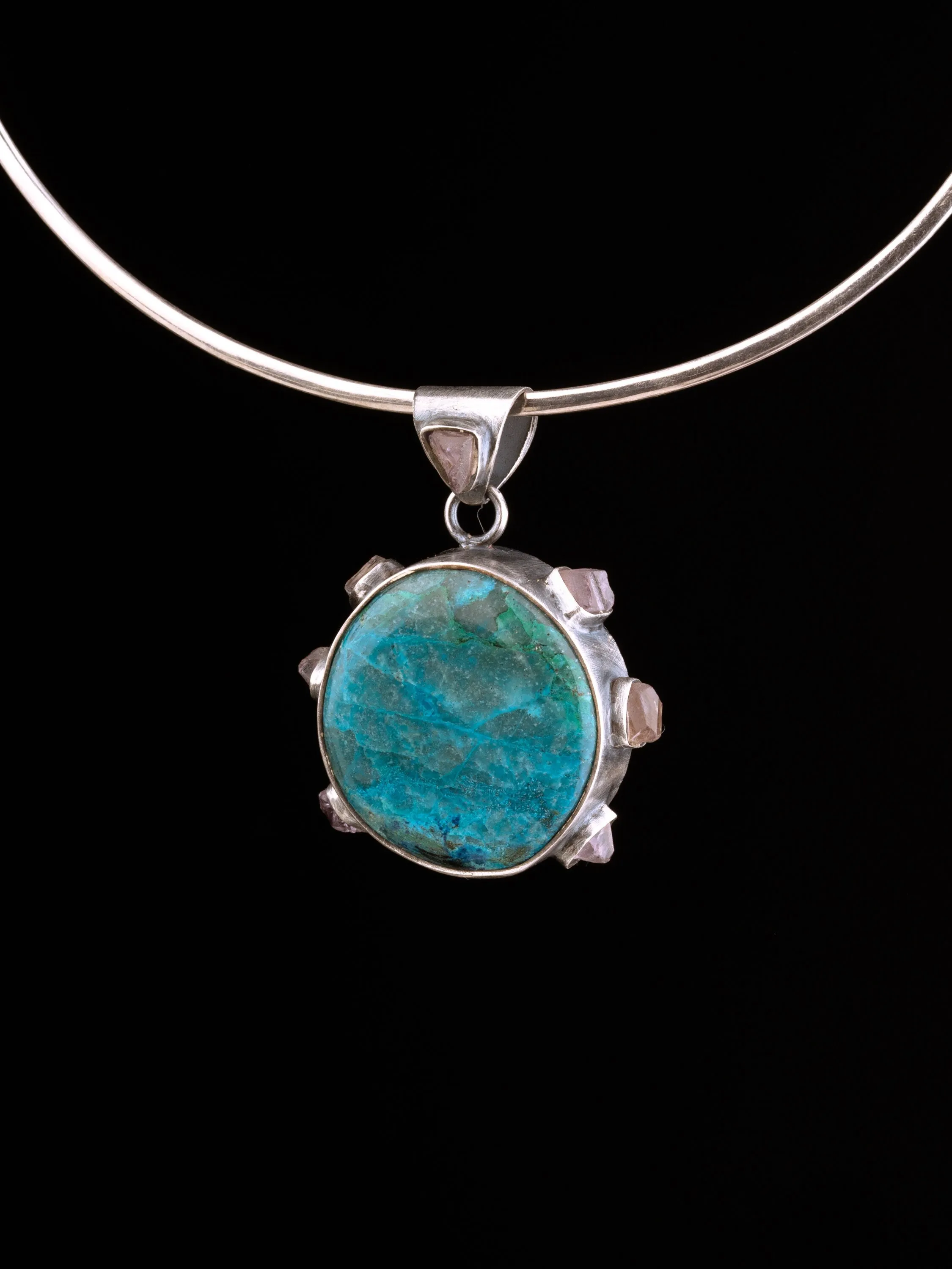 Rare Gem Silica Chrysocolla & 7 Australian raw Amethyst Chunks - Crystal Pendant - 925 Sterling Silver - Oxidised, Brush Textured