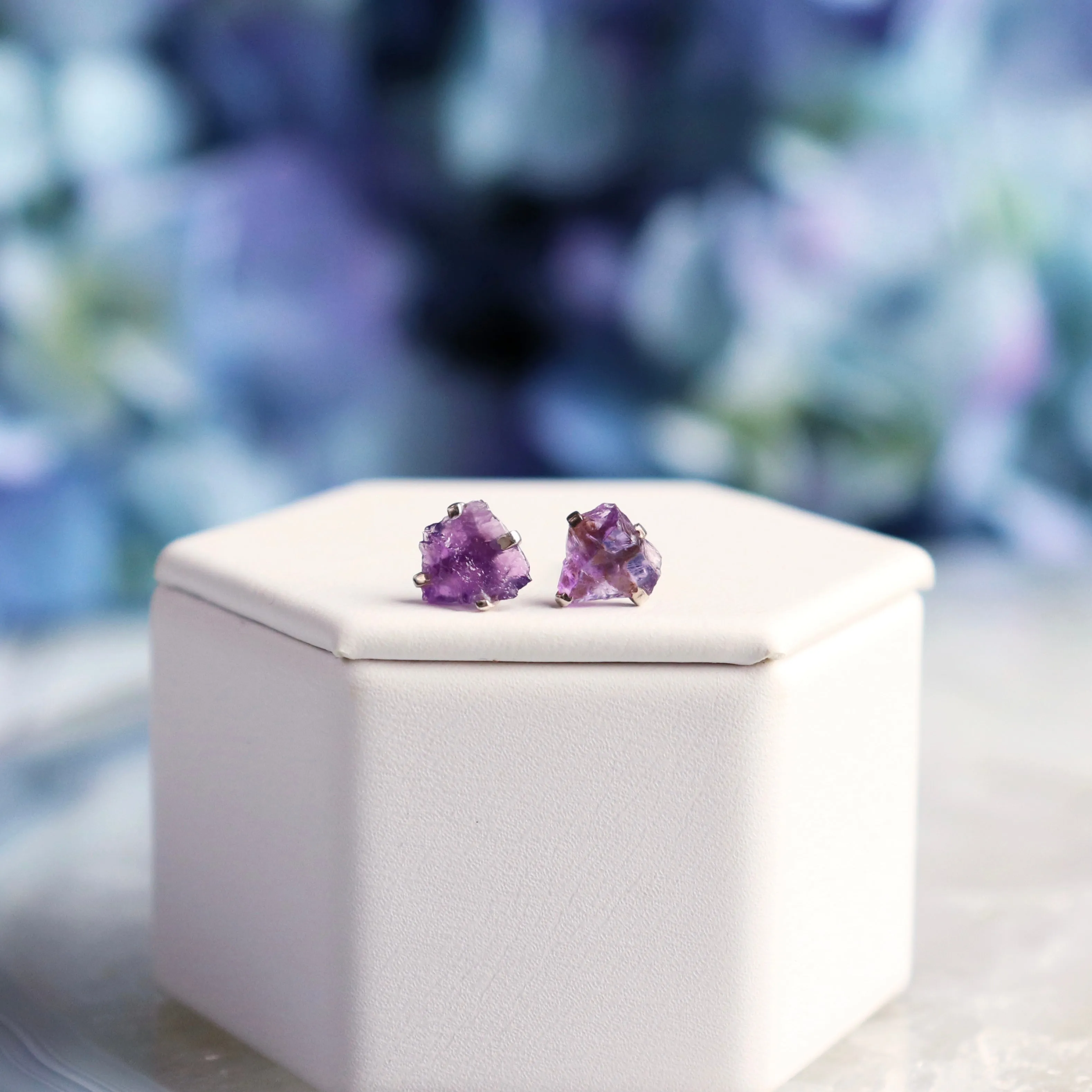 Raw Amethyst Silver Stud Earrings
