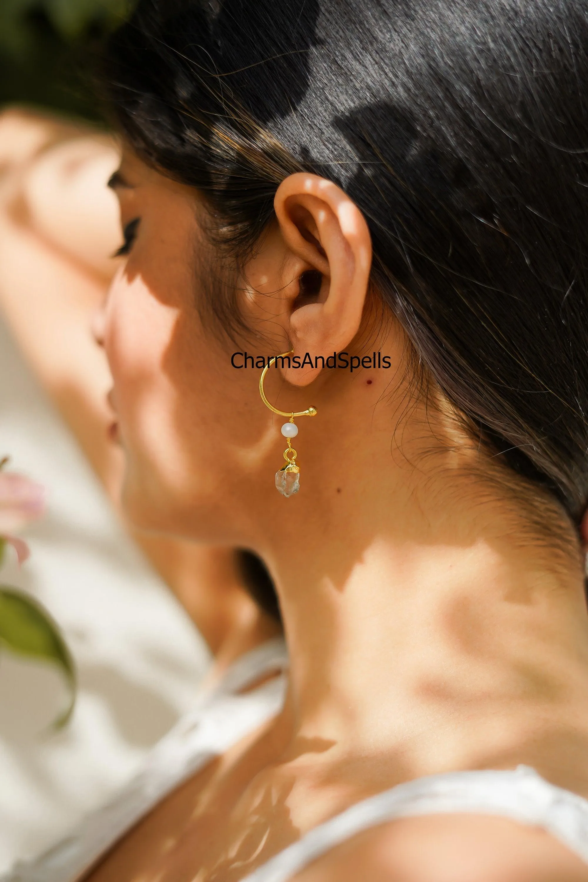 Raw Herkimer Quartz Earrings, Electroplated Earrings, 14K Gold Plated Earrings, Raw Earrings