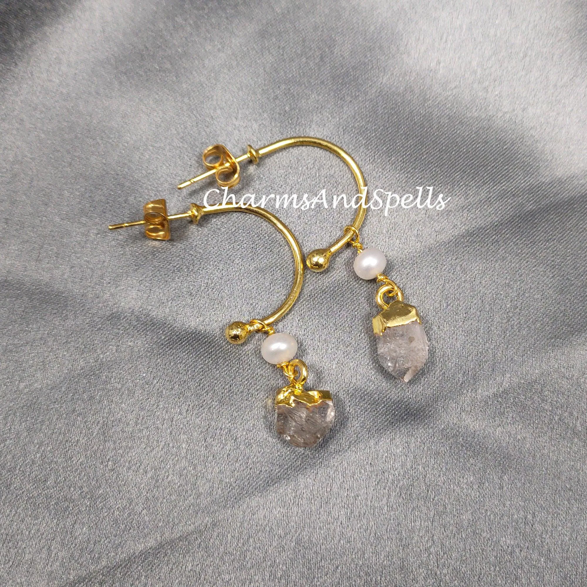 Raw Herkimer Quartz Earrings, Electroplated Earrings, 14K Gold Plated Earrings, Raw Earrings