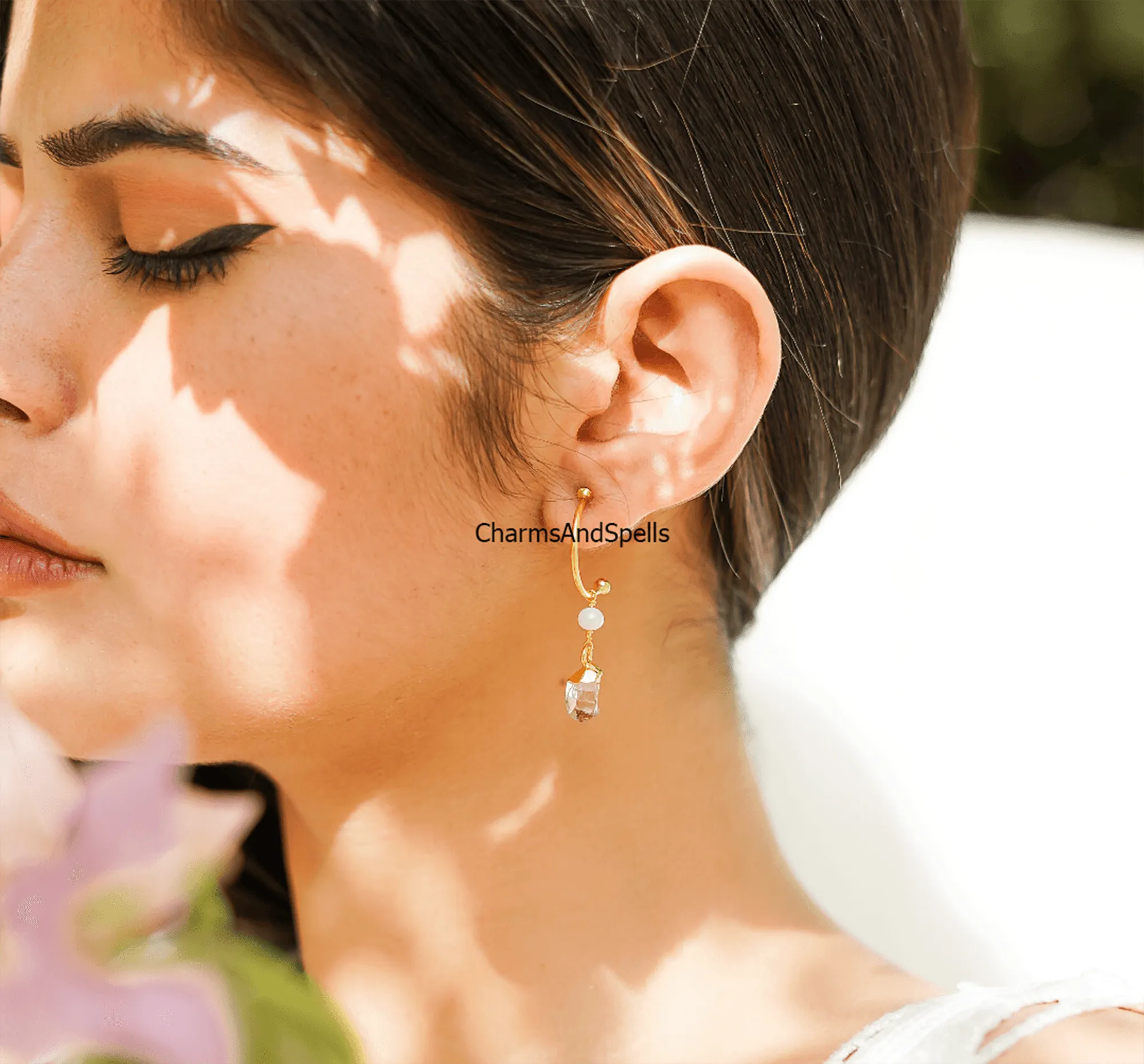 Raw Herkimer Quartz Earrings, Electroplated Earrings, 14K Gold Plated Earrings, Raw Earrings