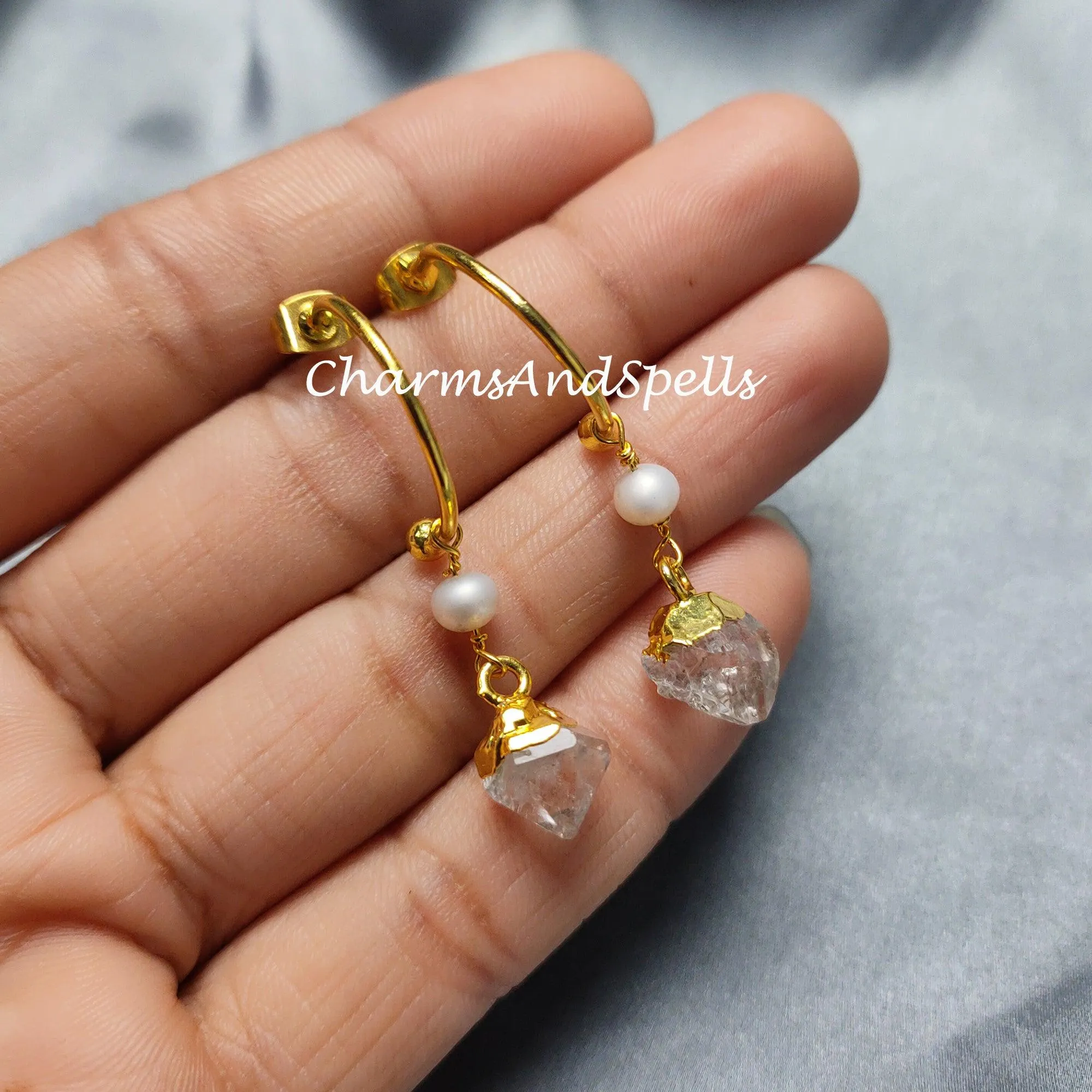 Raw Herkimer Quartz Earrings, Electroplated Earrings, 14K Gold Plated Earrings, Raw Earrings