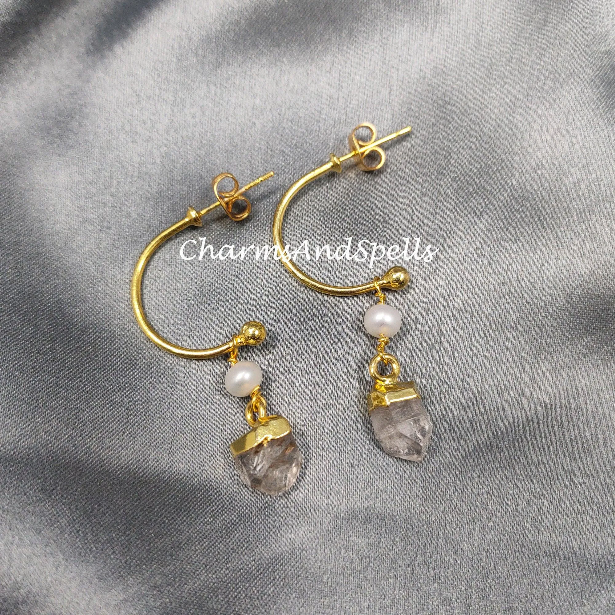 Raw Herkimer Quartz Earrings, Electroplated Earrings, 14K Gold Plated Earrings, Raw Earrings