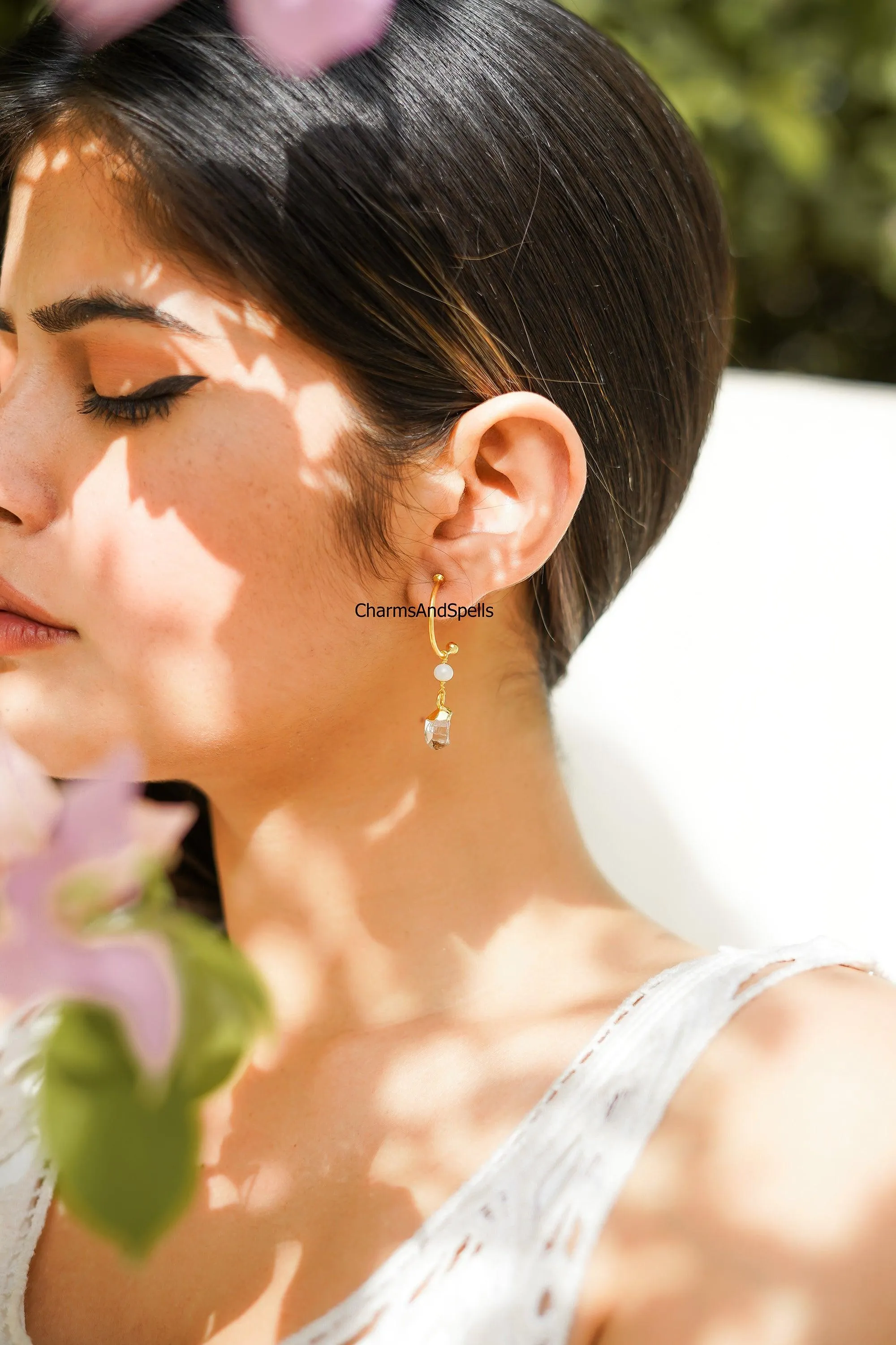 Raw Herkimer Quartz Earrings, Electroplated Earrings, 14K Gold Plated Earrings, Raw Earrings