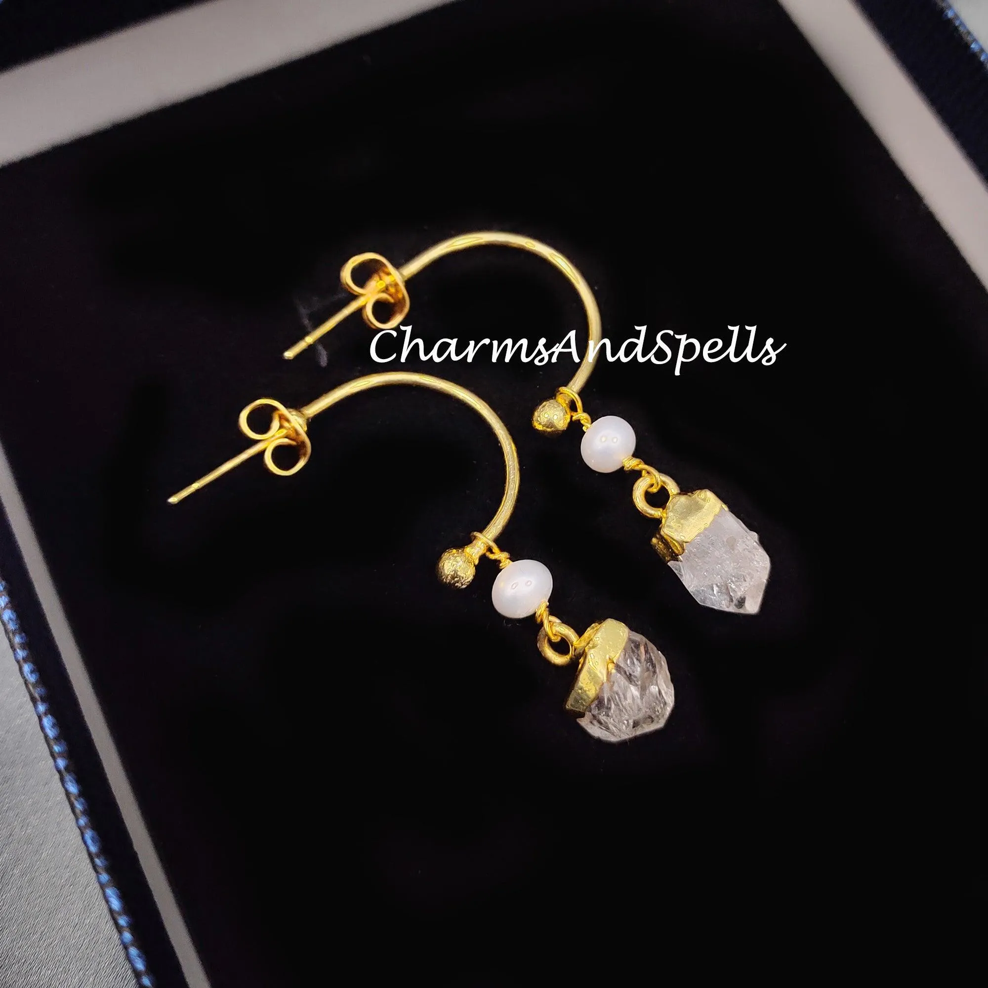 Raw Herkimer Quartz Earrings, Electroplated Earrings, 14K Gold Plated Earrings, Raw Earrings