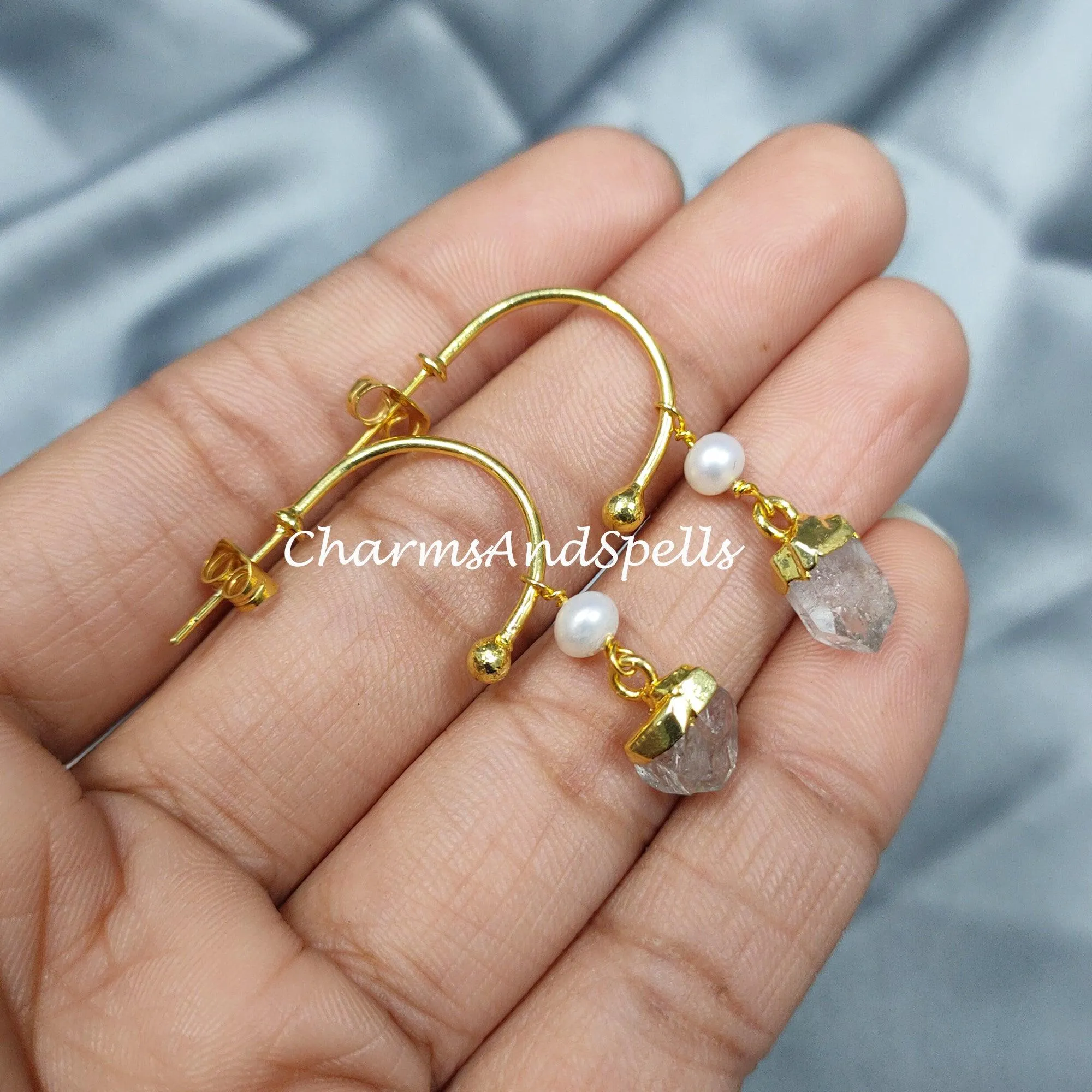 Raw Herkimer Quartz Earrings, Electroplated Earrings, 14K Gold Plated Earrings, Raw Earrings