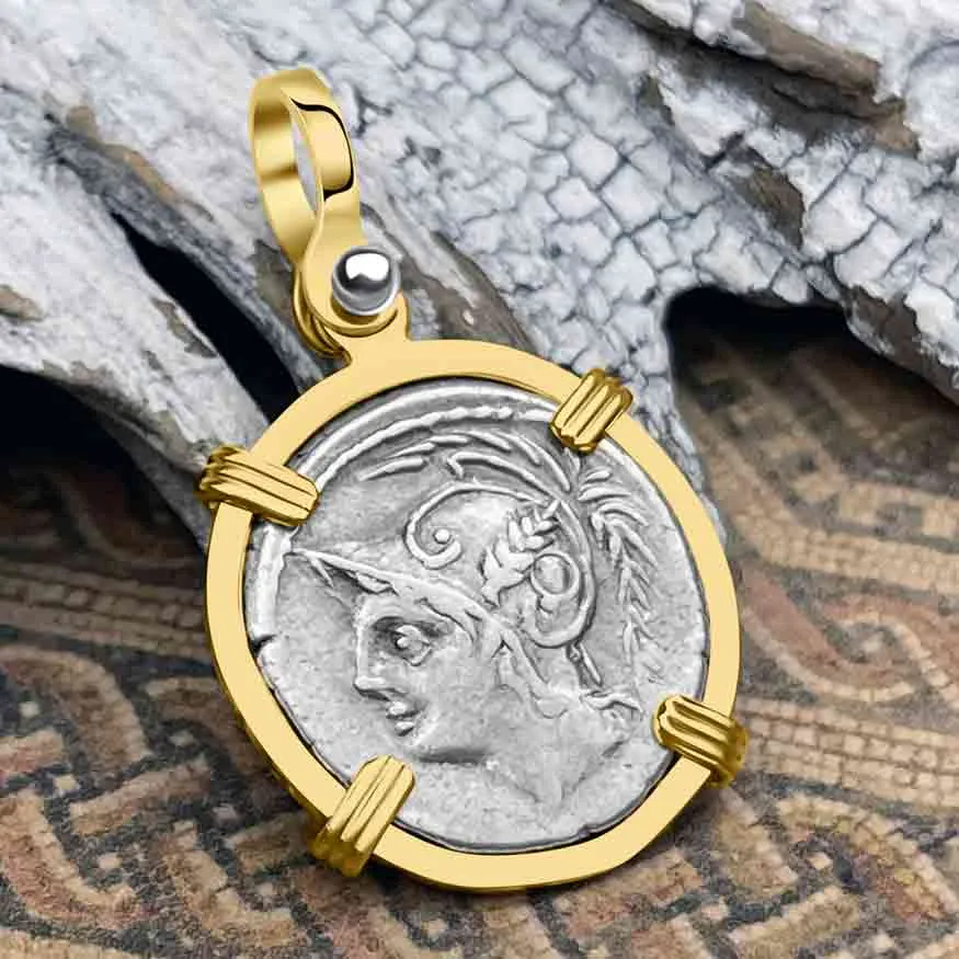 Roman Republic Silver Denarius 103 BC Mars and the Warriors 14K Gold Pendant | Artifact #3094