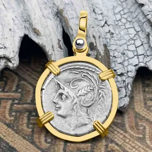 Roman Republic Silver Denarius 103 BC Mars and the Warriors 14K Gold Pendant | Artifact #3094