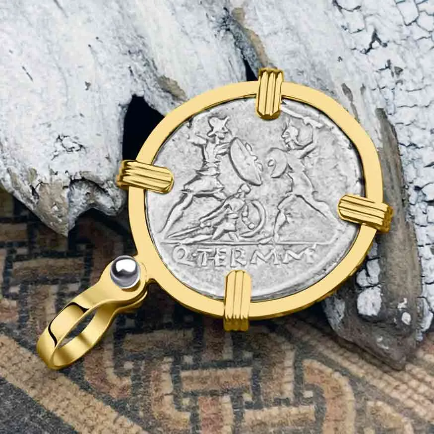 Roman Republic Silver Denarius 103 BC Mars and the Warriors 14K Gold Pendant | Artifact #3094