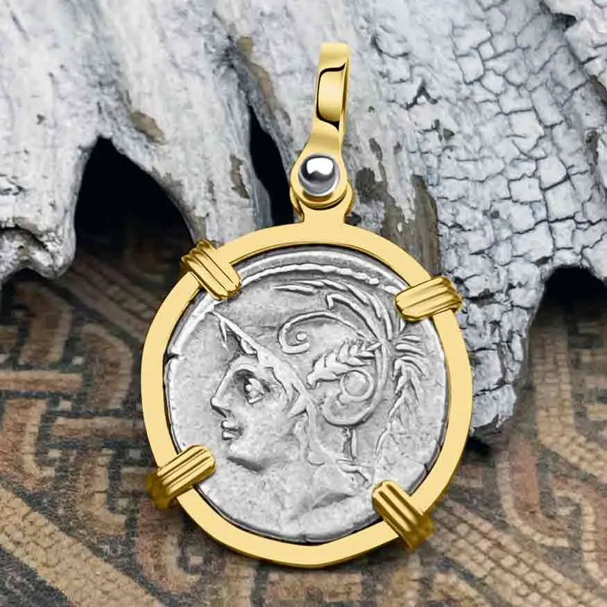 Roman Republic Silver Denarius 103 BC Mars and the Warriors 14K Gold Pendant | Artifact #3094