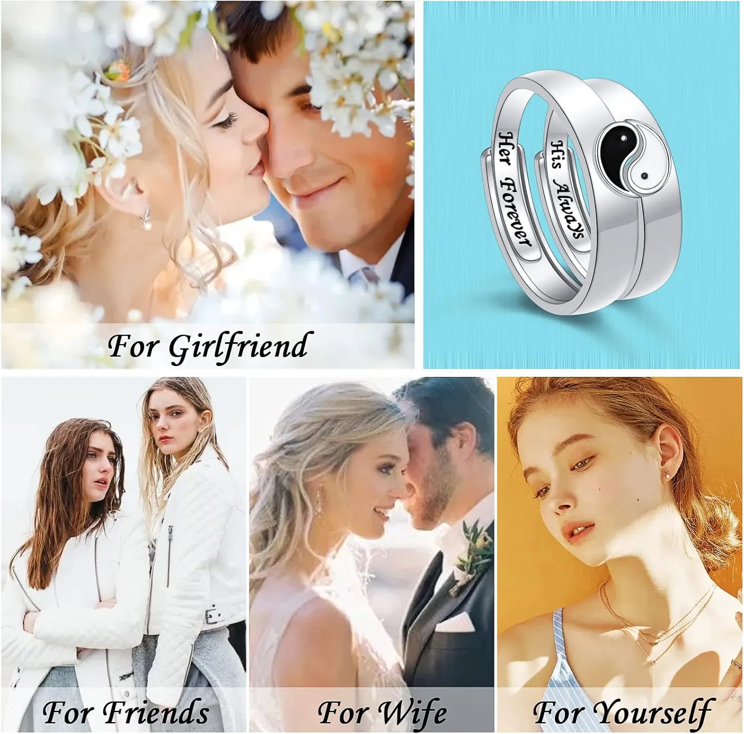 S925 Sterling Silver Couple Rings Set Adjustable Matching Rings Engagement Promise Wedding Gift for Couples Wife Husband