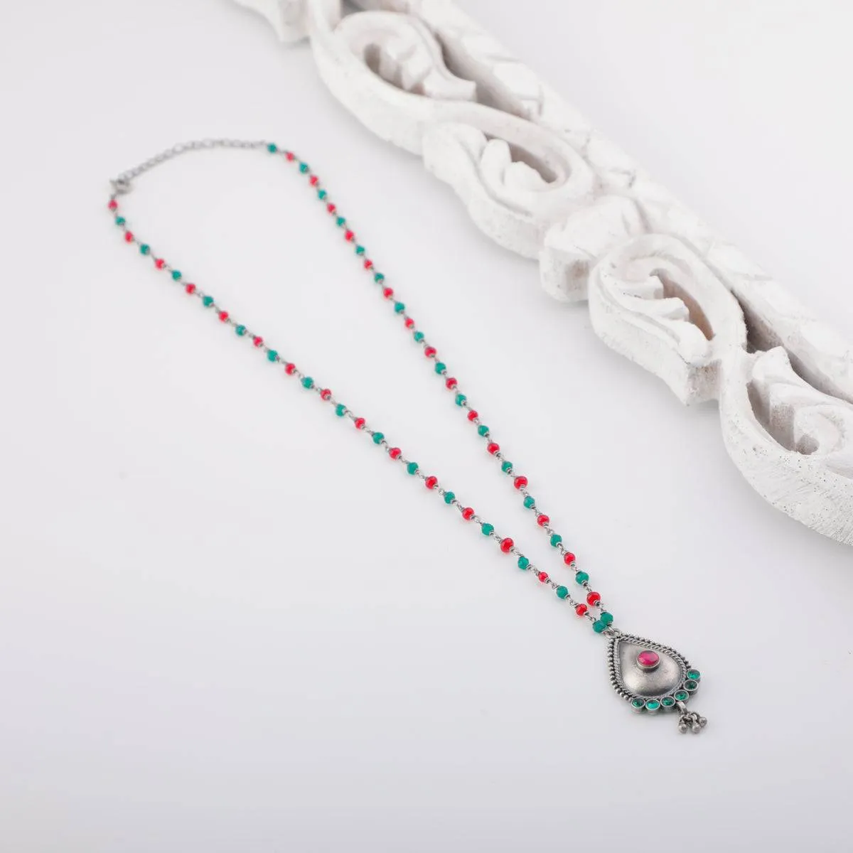 Silver Drop Motif Necklace with Green Onyx and Ruby