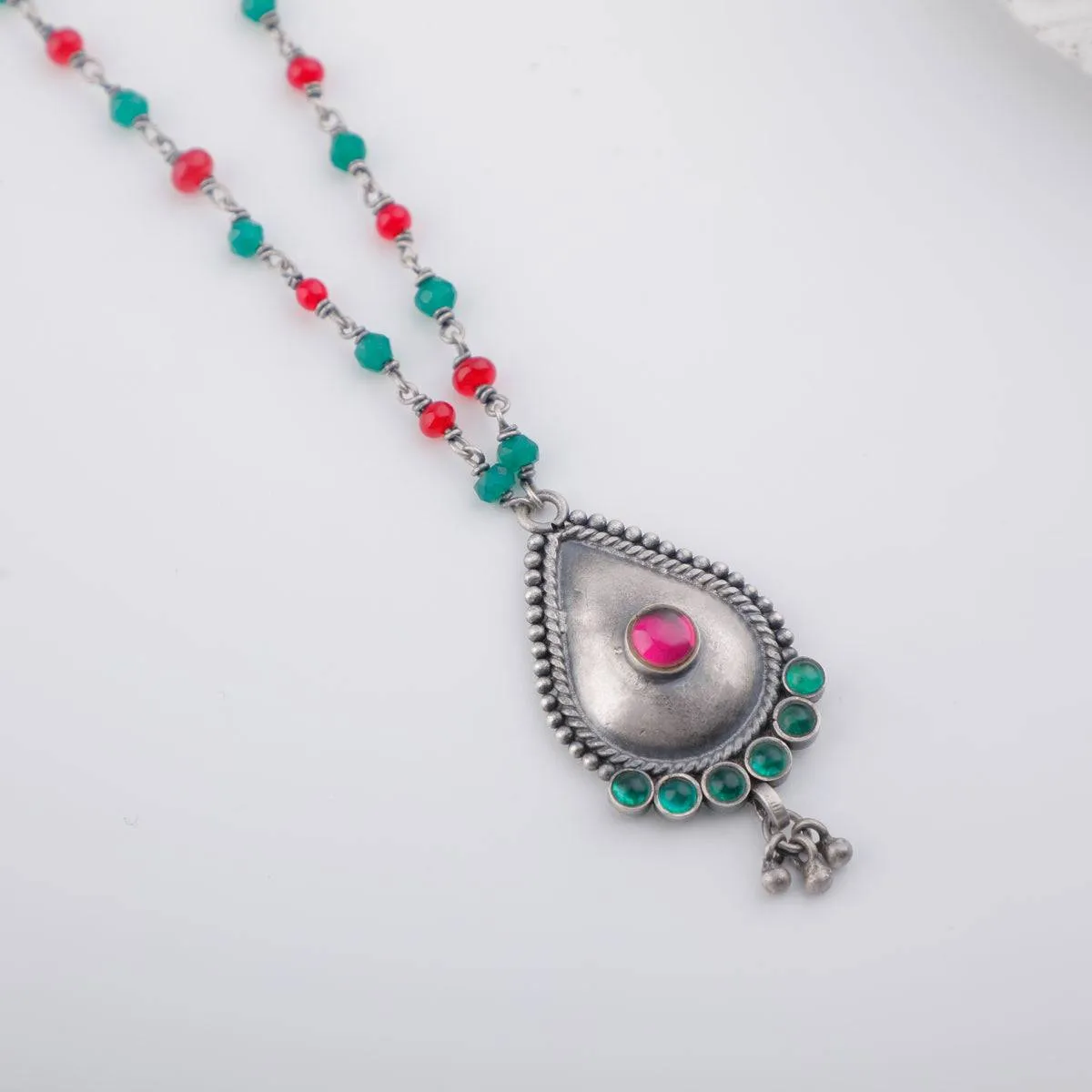 Silver Drop Motif Necklace with Green Onyx and Ruby