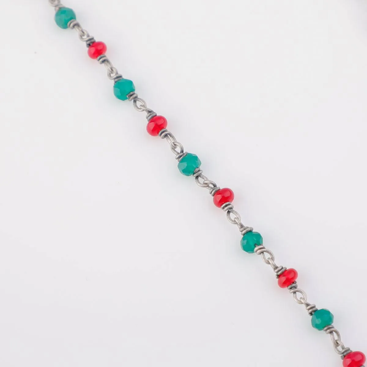 Silver Drop Motif Necklace with Green Onyx and Ruby