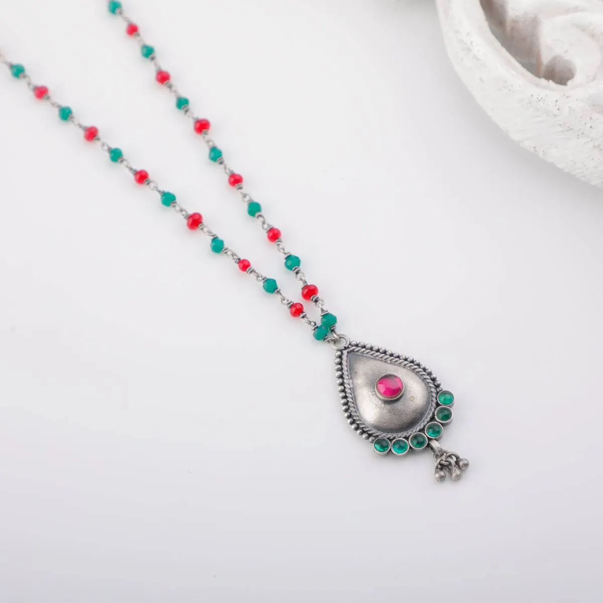 Silver Drop Motif Necklace with Green Onyx and Ruby