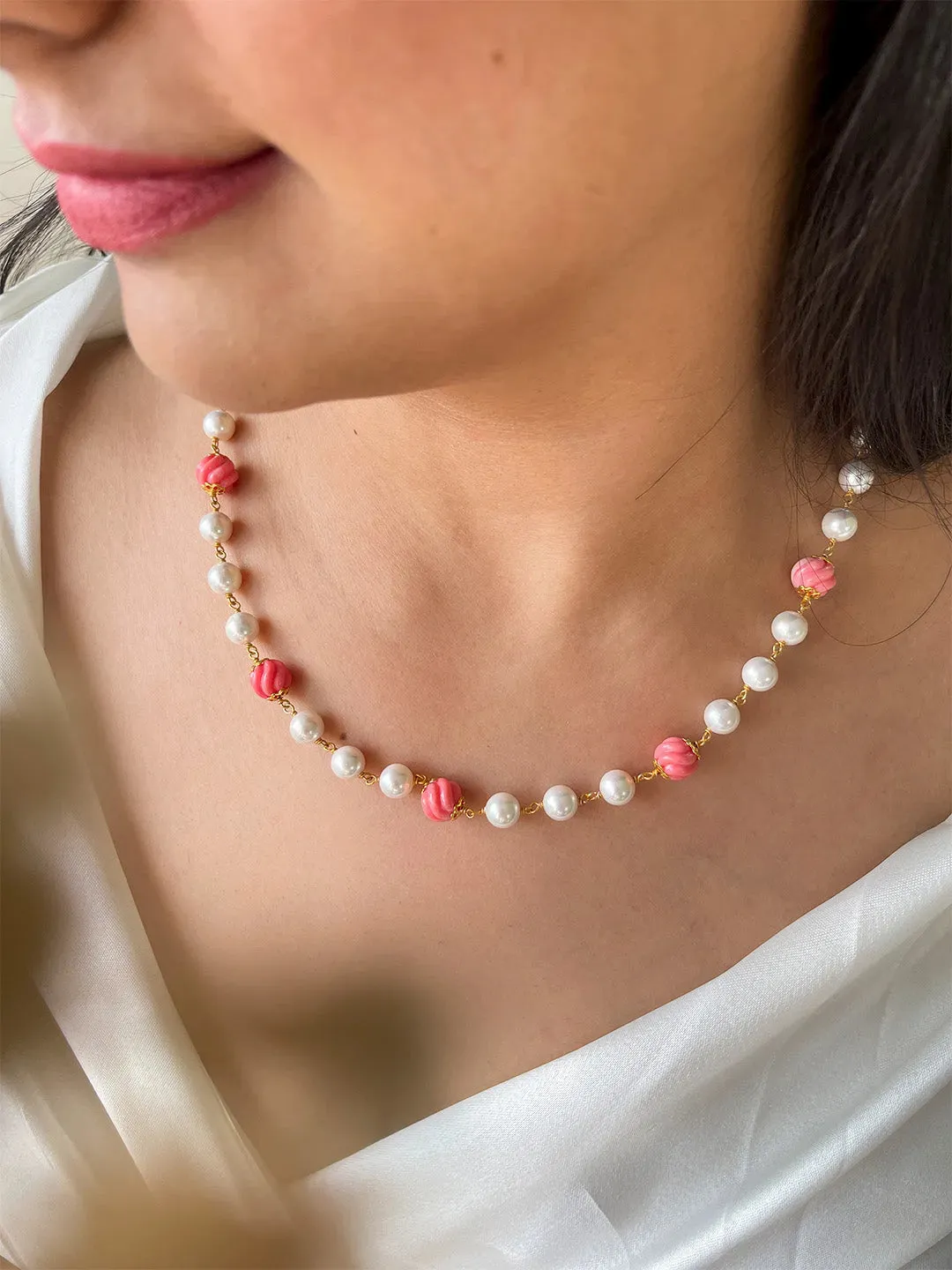 Silver Pearls With Red Ball Beads Mala