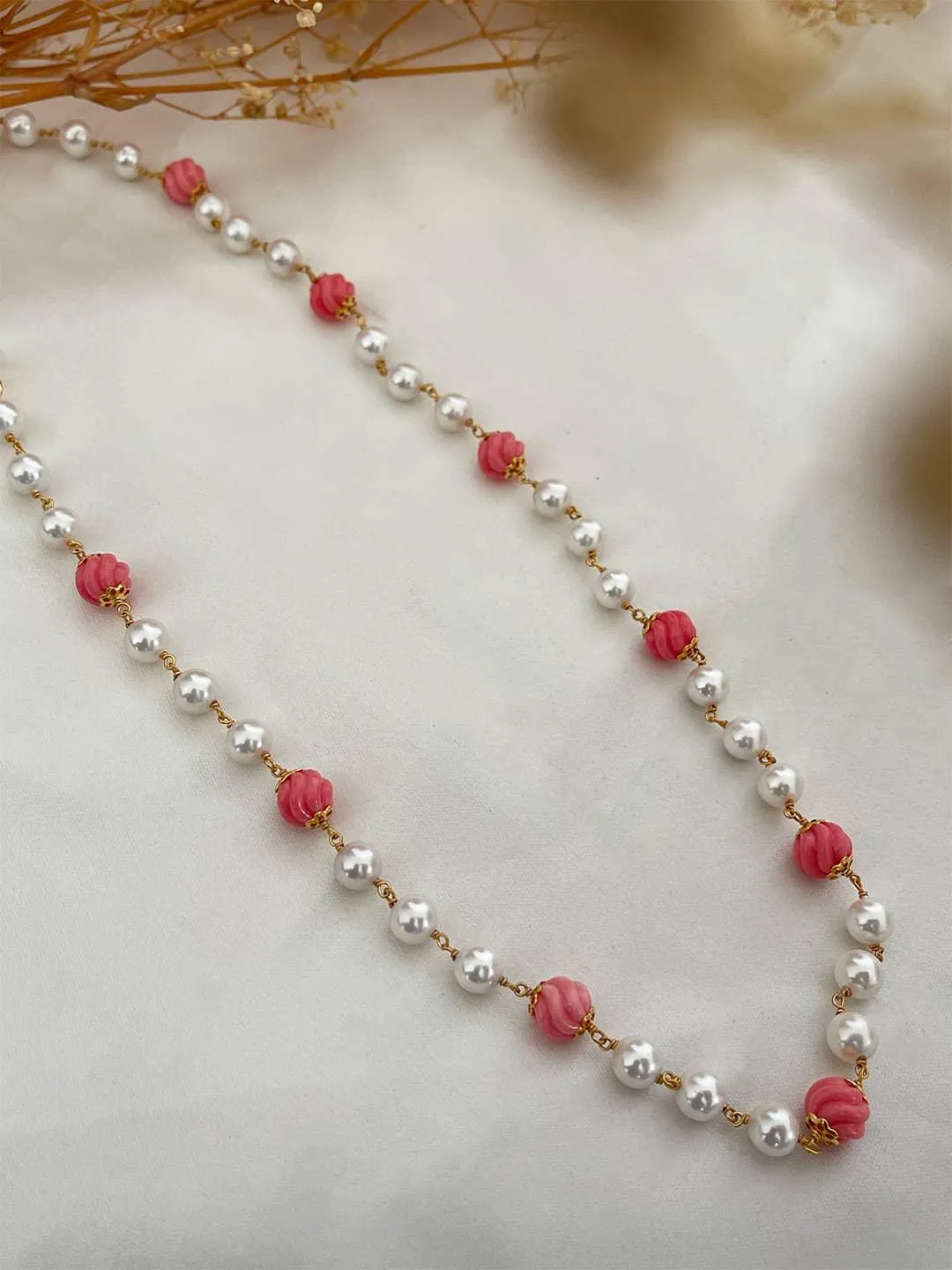 Silver Pearls With Red Ball Beads Mala