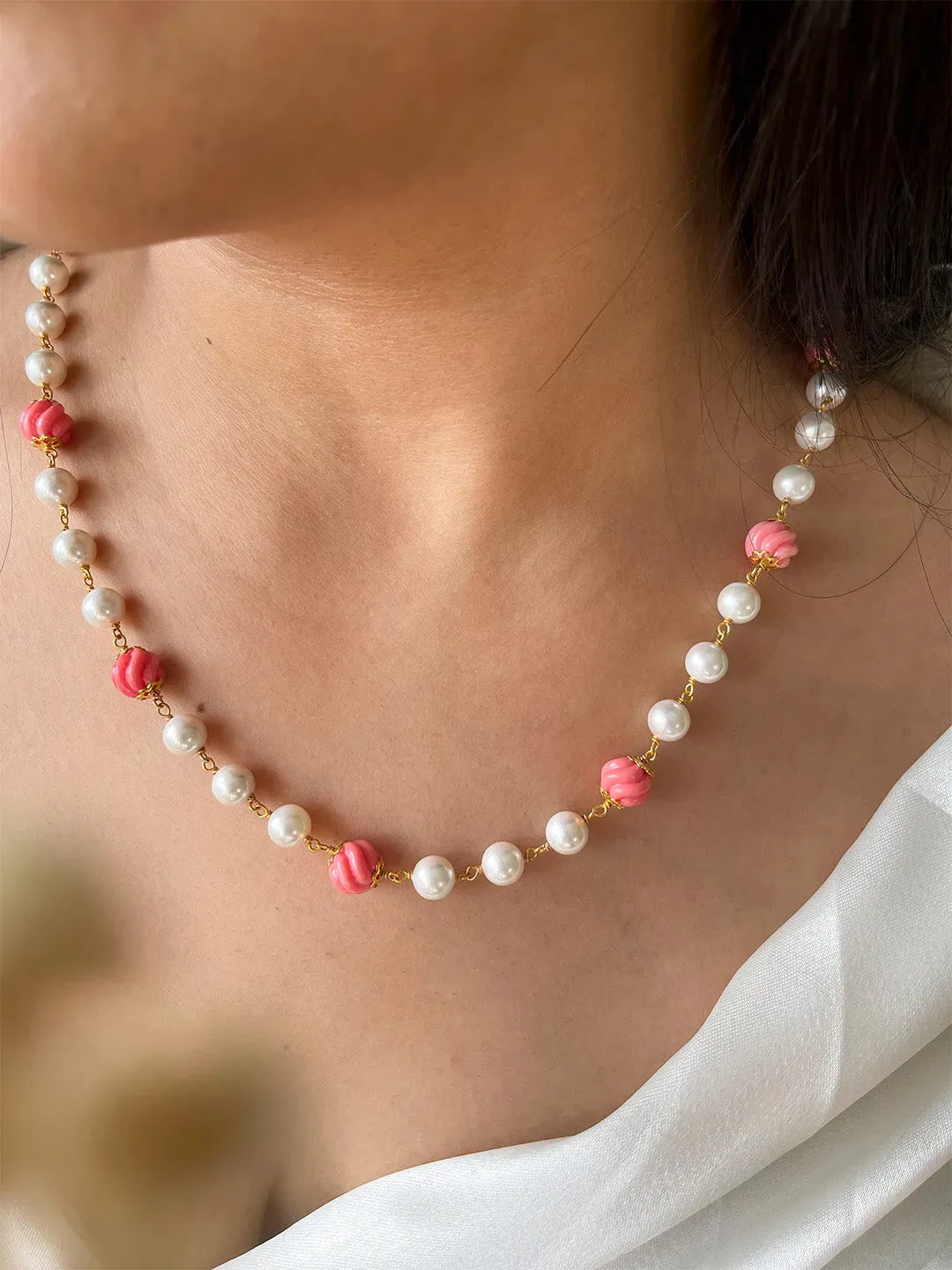 Silver Pearls With Red Ball Beads Mala