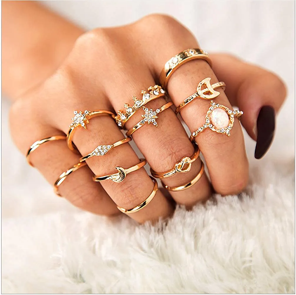 Sither 13 Pcs Women Rings Set Knuckle Rings Gold Bohemian Rings for Girls Vintage Gem Crystal Rings Joint Knot Ring Sets for Teens Party Daily Fesvital Jewelry Gift(style3)