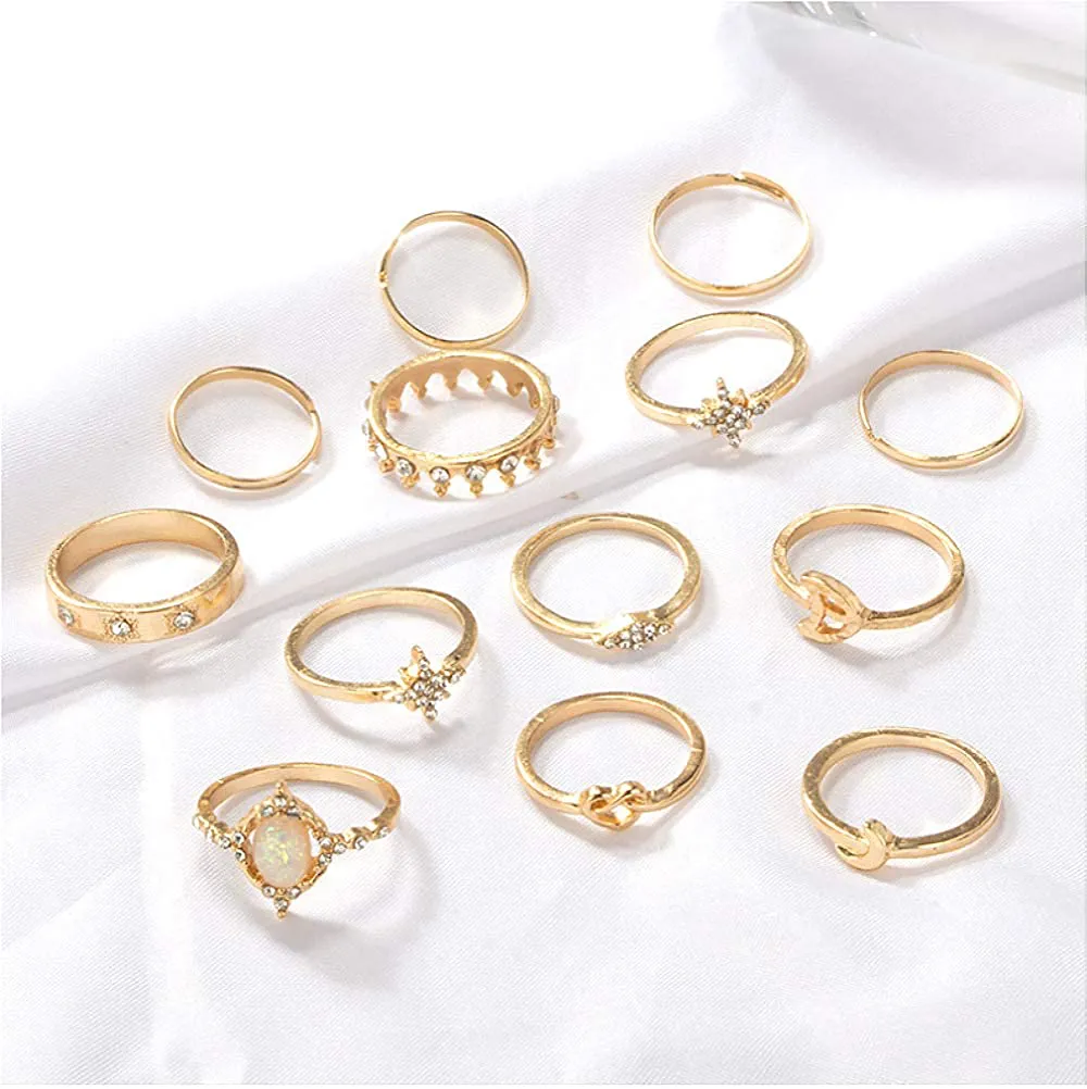 Sither 13 Pcs Women Rings Set Knuckle Rings Gold Bohemian Rings for Girls Vintage Gem Crystal Rings Joint Knot Ring Sets for Teens Party Daily Fesvital Jewelry Gift(style3)