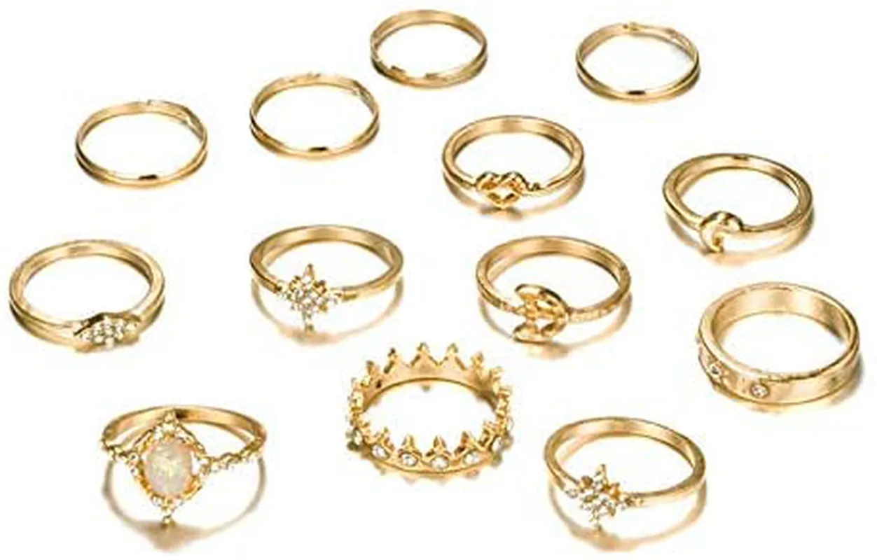 Sither 13 Pcs Women Rings Set Knuckle Rings Gold Bohemian Rings for Girls Vintage Gem Crystal Rings Joint Knot Ring Sets for Teens Party Daily Fesvital Jewelry Gift(style3)